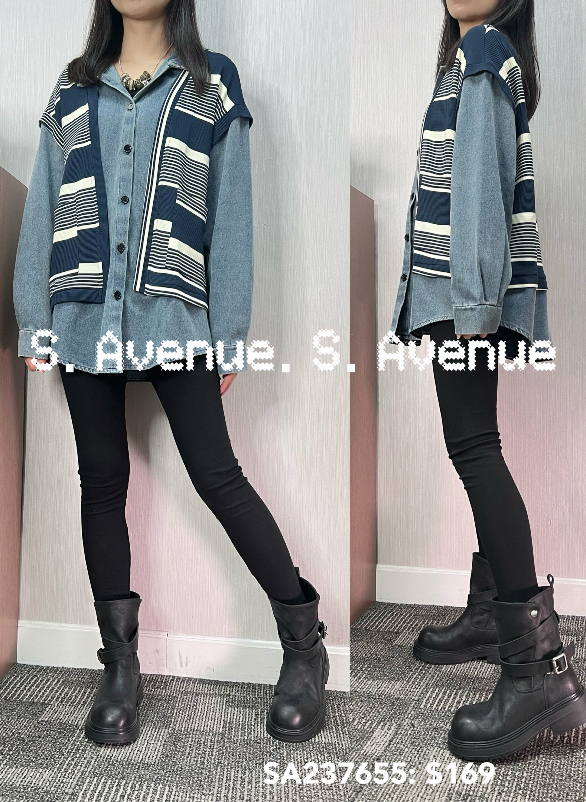 SA237655: 長袖假兩件牛仔shirt