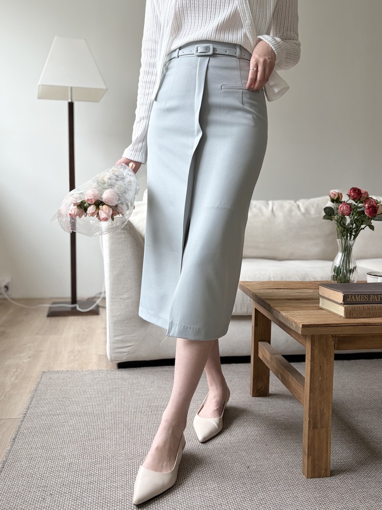 Belted Pencil Skirt (Blue)