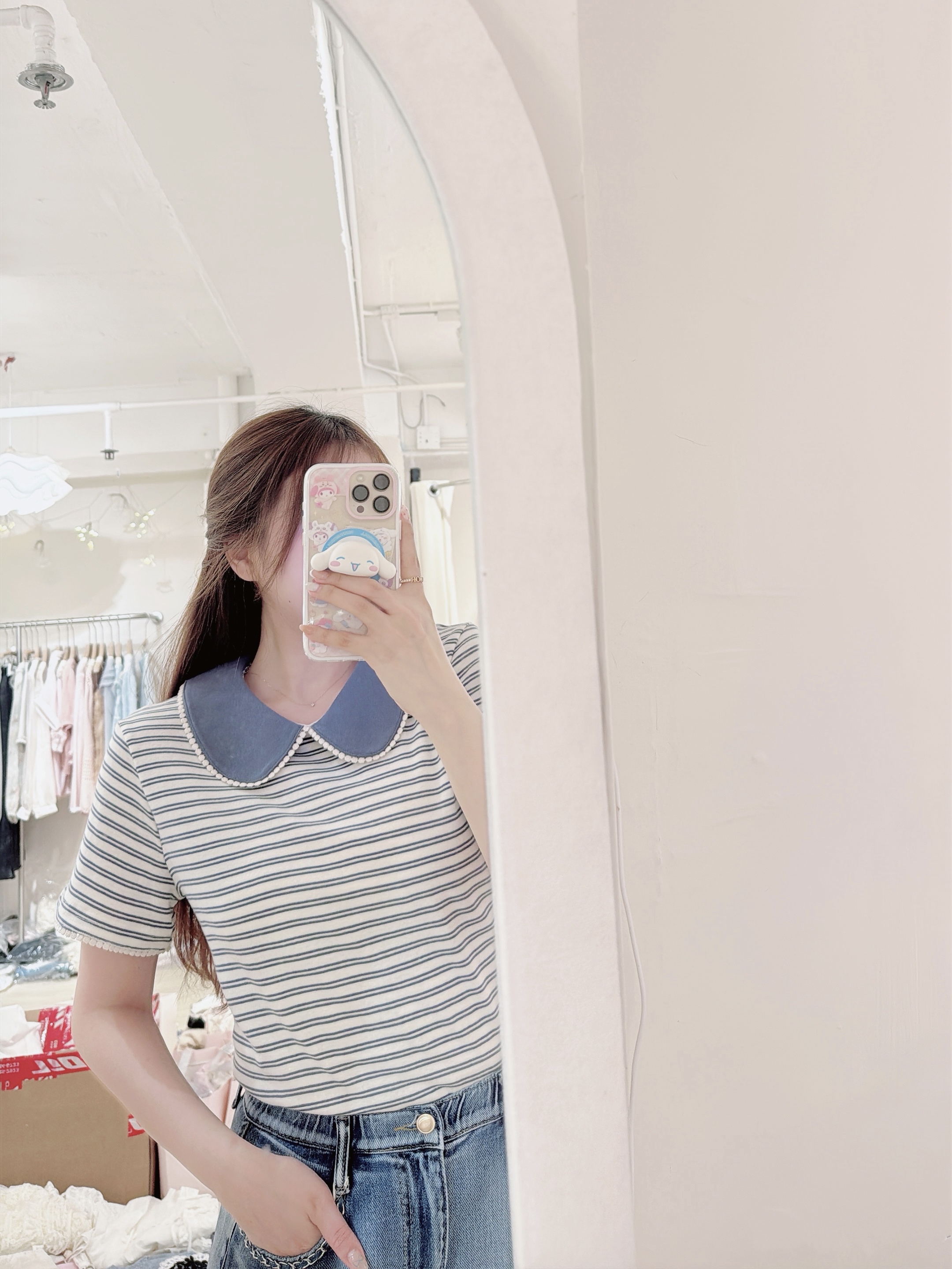 Daily Stripe Tee Top with Baby Collar