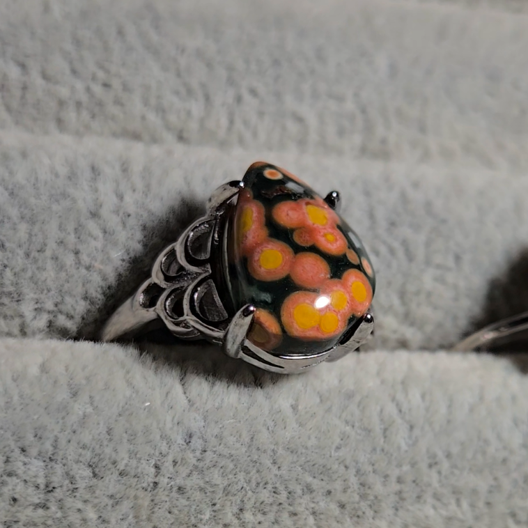 Old stock ocean jasper ring with pink-ringed yellow orbs (A) - JW33