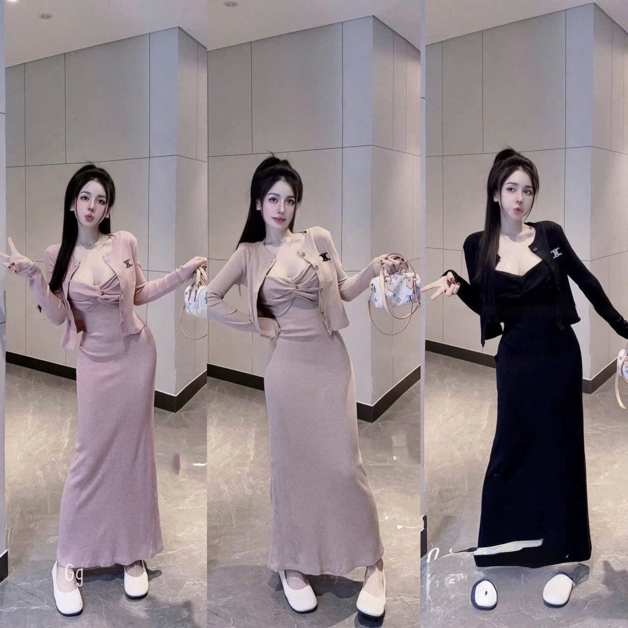 羅紋針織中長洋裝搭配開襟衫套裝