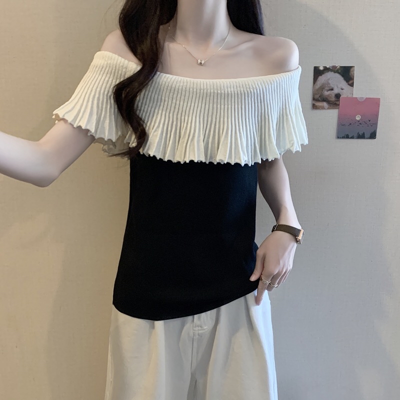 B143(980) 法式小众设计感撞色一字肩百褶荷叶领边黑杏针织上衣 