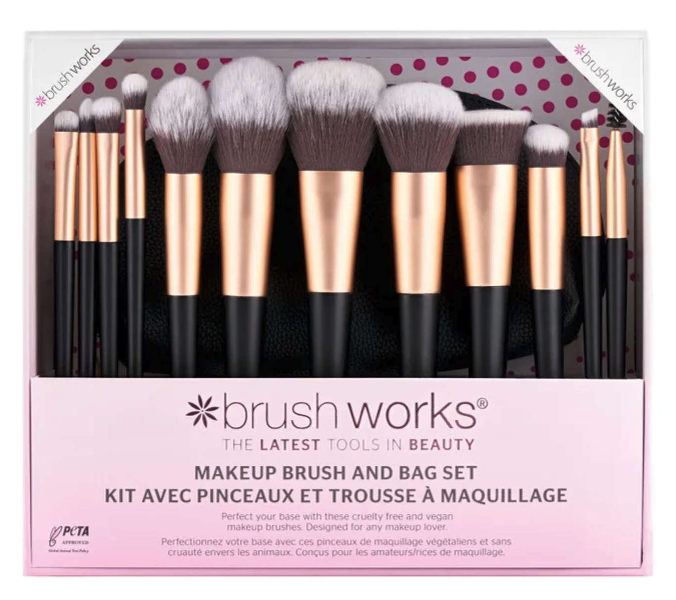 Brushworks 專業化妝掃 12件套裝連粉紅化妝袋