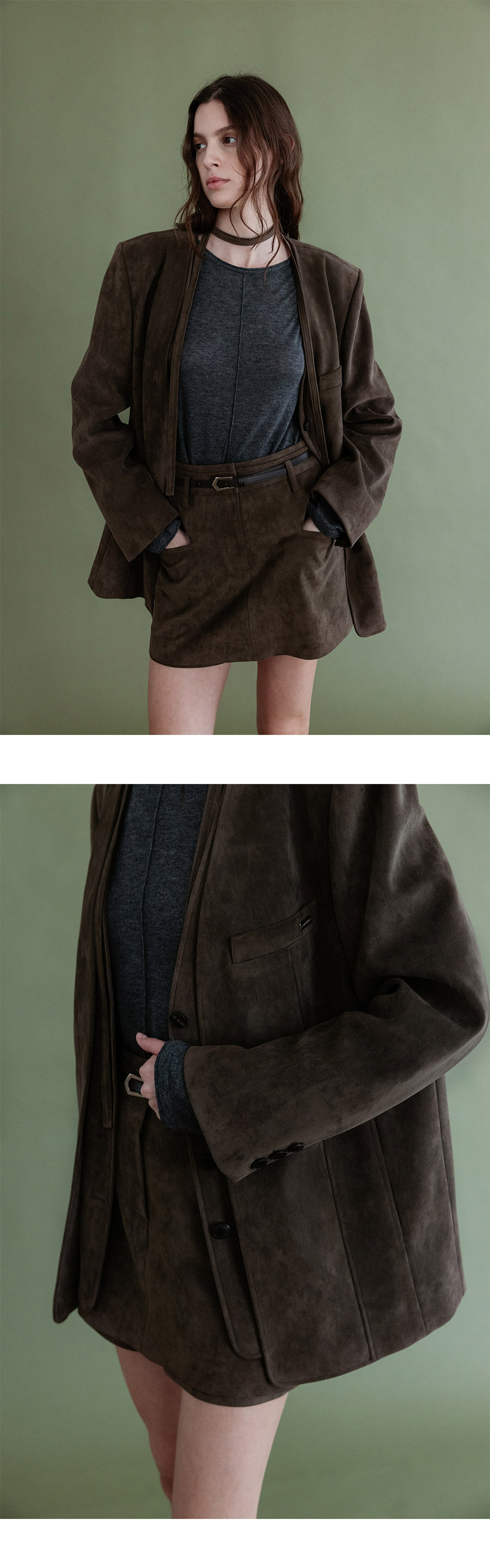 LOEUVRE Suede Layered Vest Jacket 麂皮假兩件層次無領西裝外套