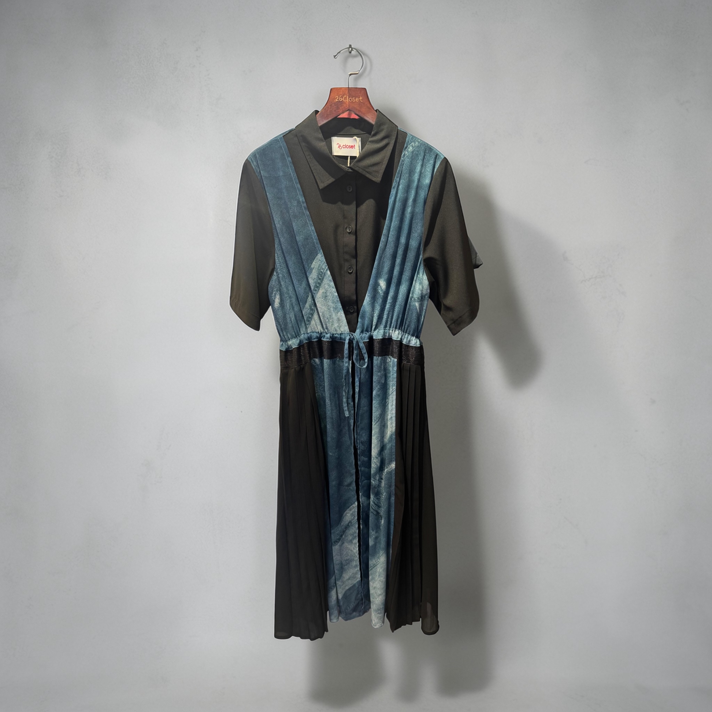 103660 BM 印牛仔雪紡仿兩件連身裙