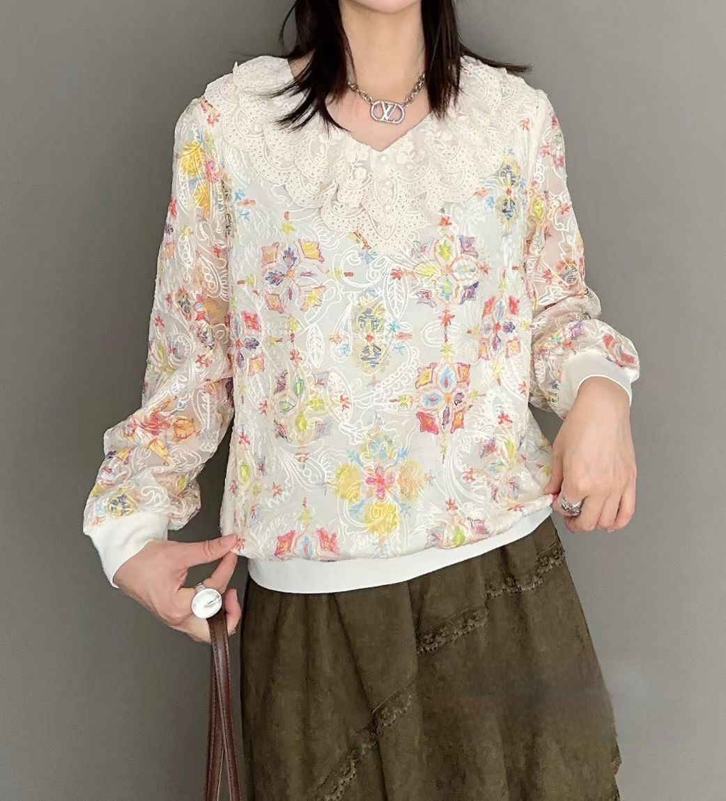 重工刺綉V領花邊上衣(M碼39寸胸/L碼41寸/XL43寸胸)