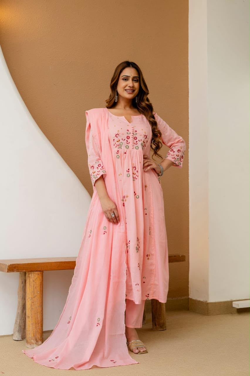 Baby Pink Embroidered Floral Print Kurta Set