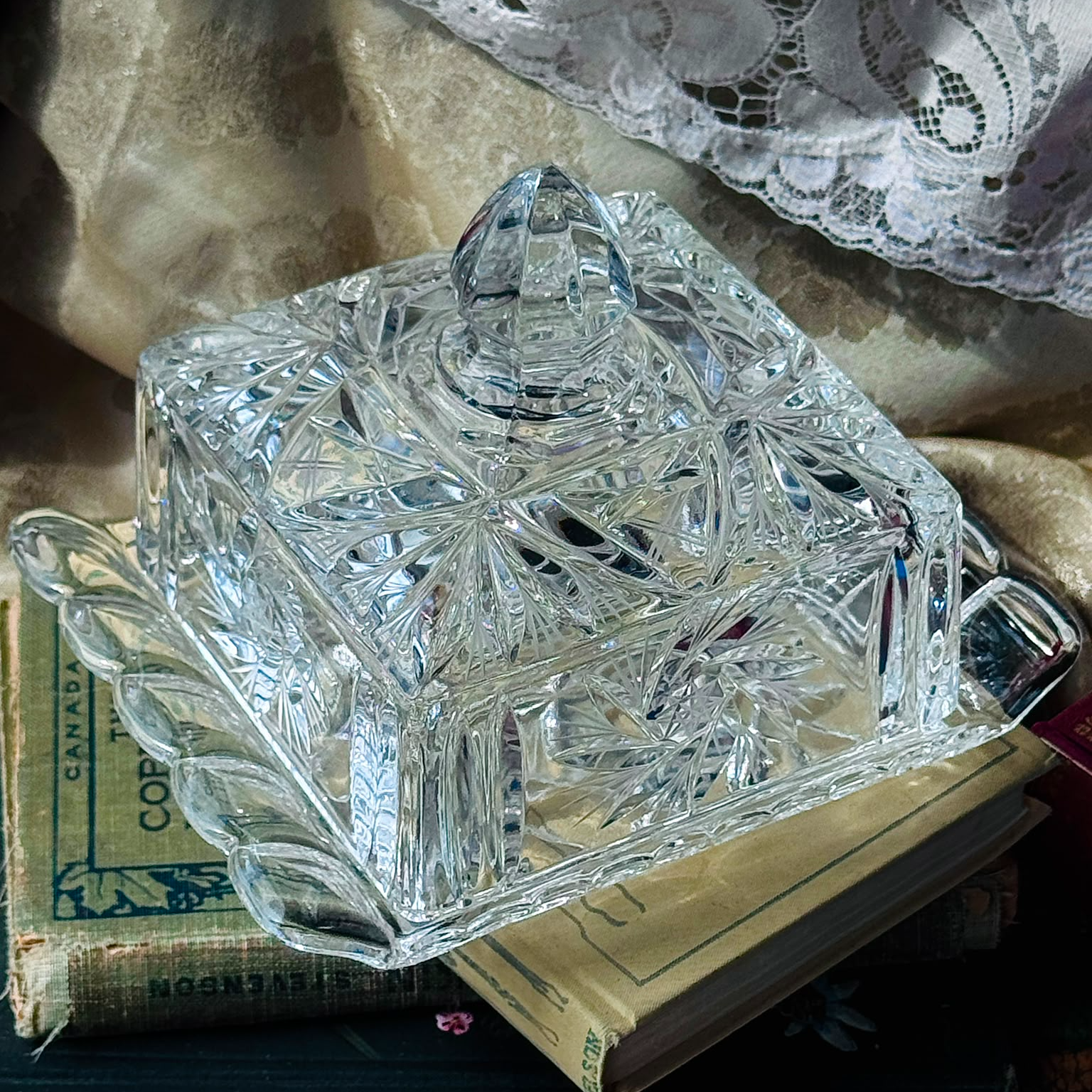 Vintage Mid-Century Crystal Scallop-Edged Butter Dish with Lid  (MT2608)