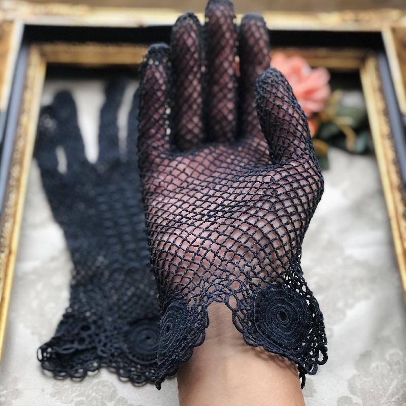RARE! Vintage Pre-1950s Midnight Blue Hand-Crocheted Rose Trimmed and Square Motif Pattern Gloves (MT1916)