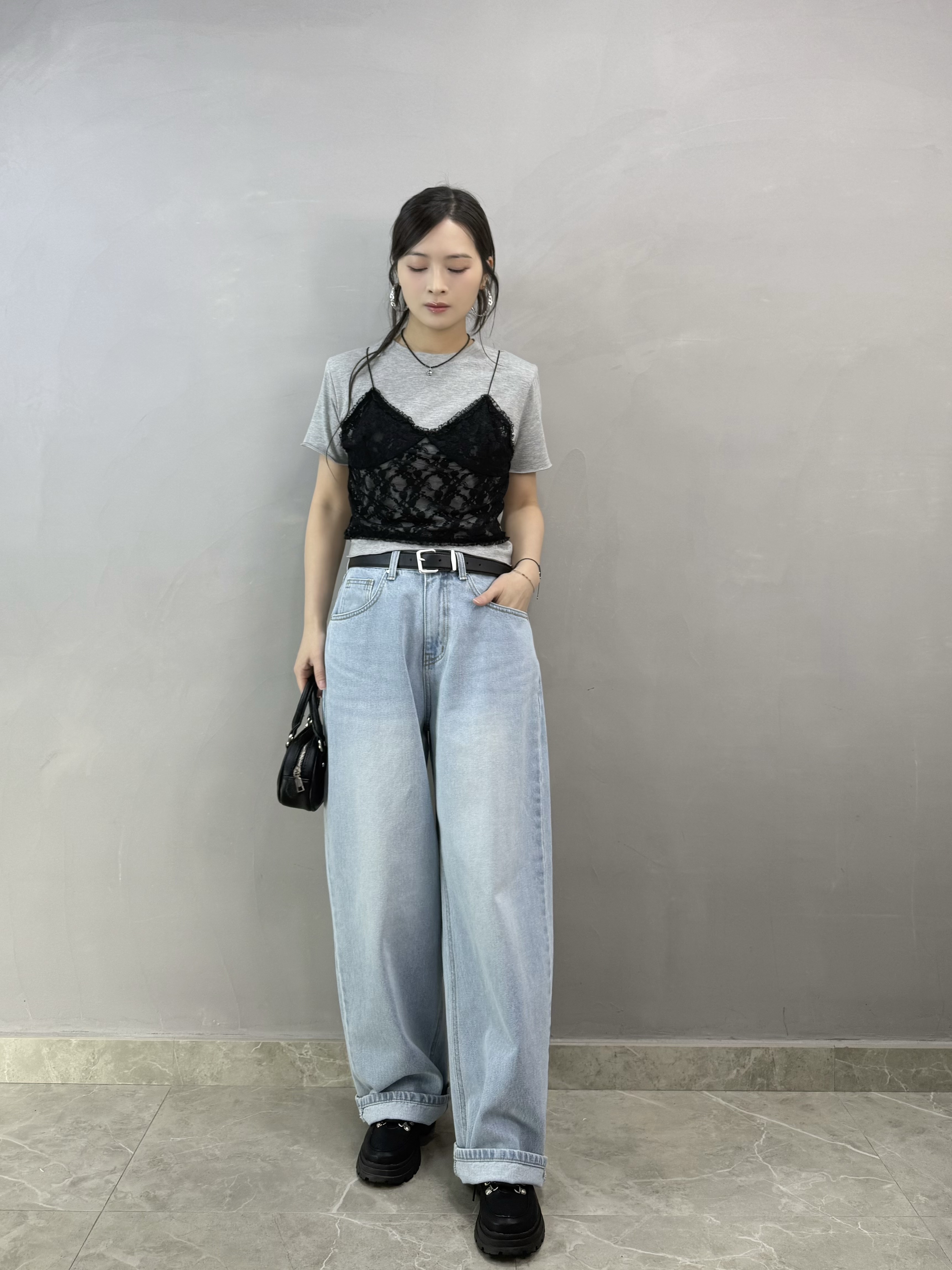 C13 假兩件Lace棉Tee