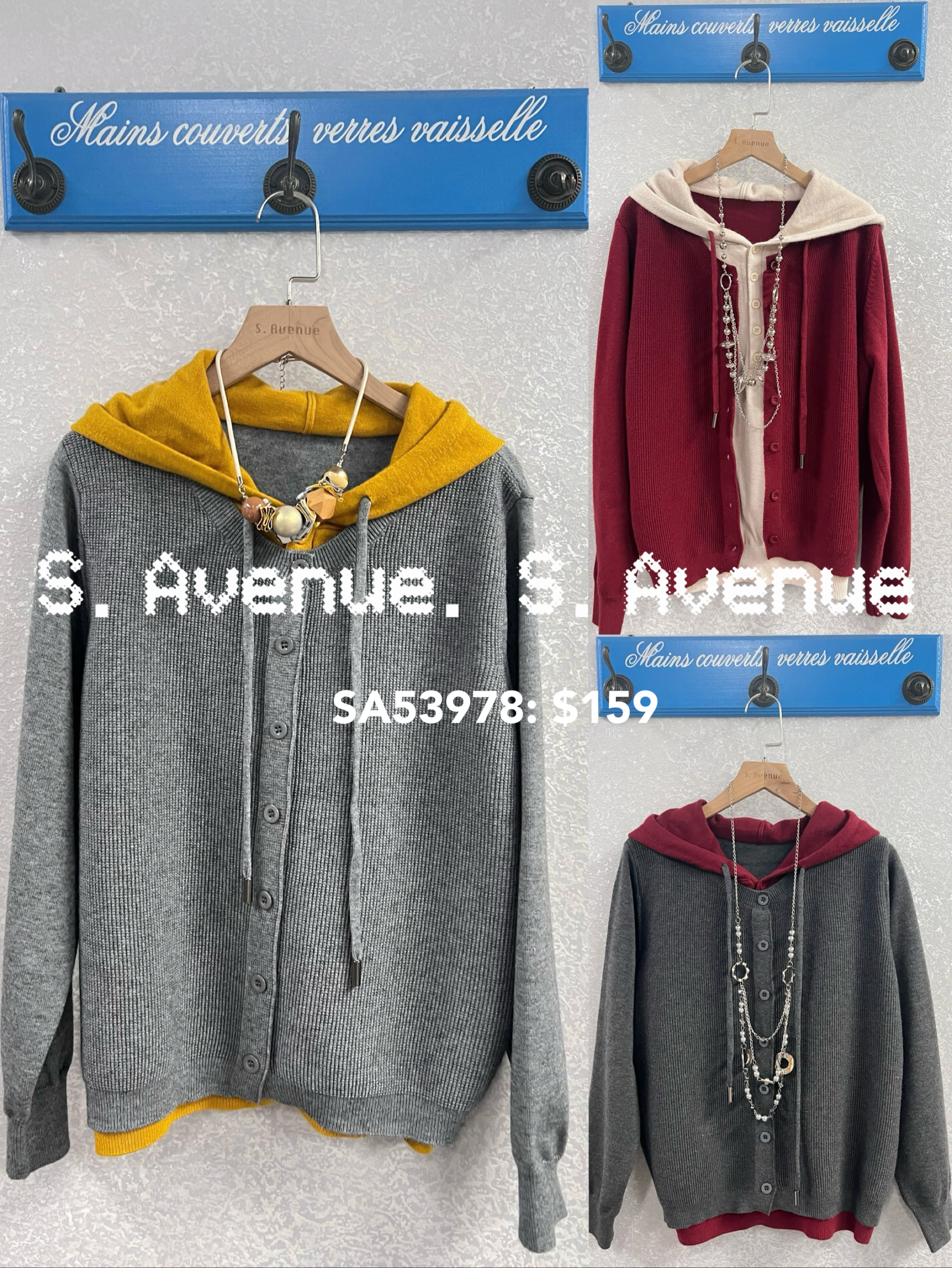 SA53978: 長袖有帽假兩件有鈕冷top