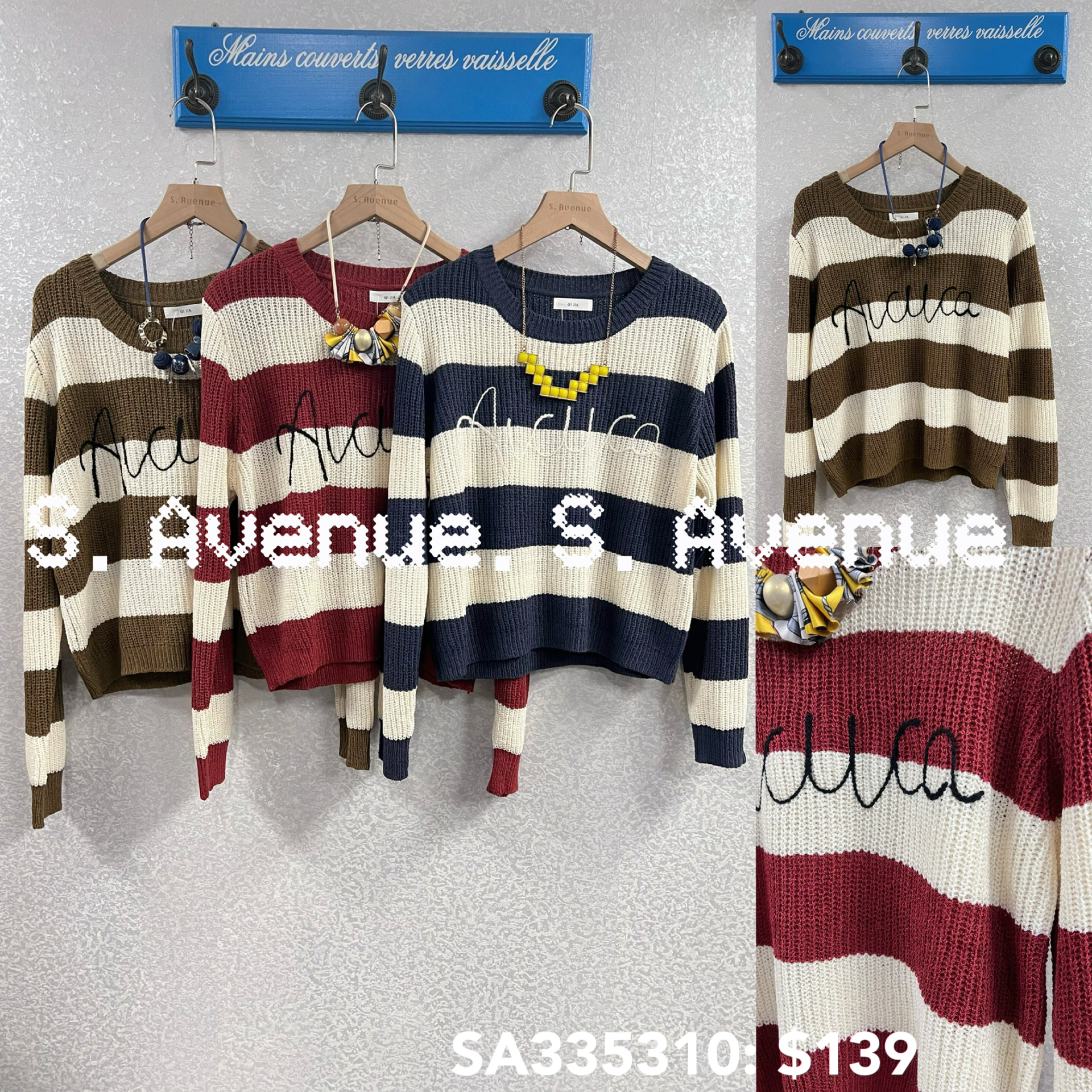 SA335310: 長袖間條繡英文字線冷top