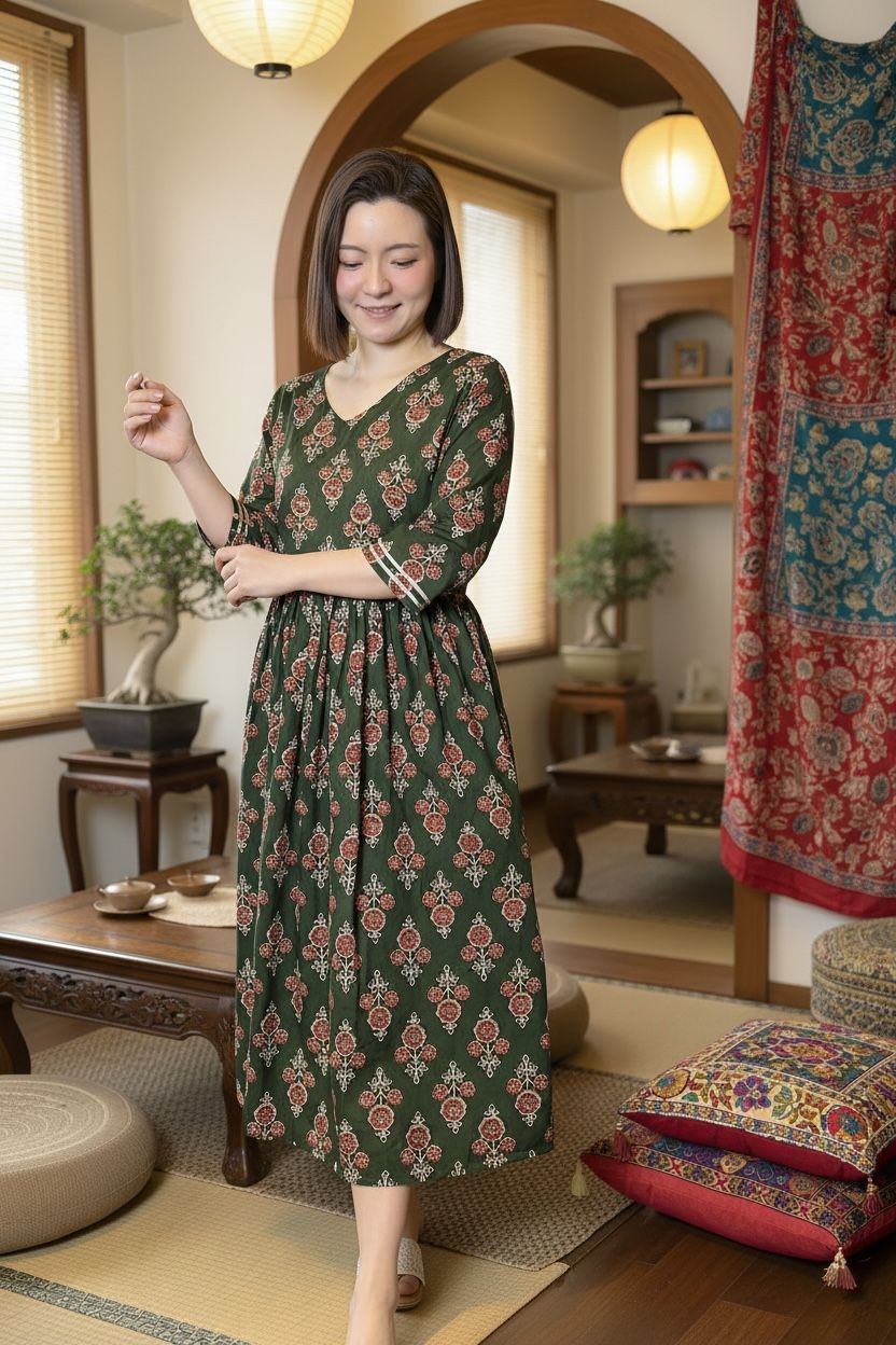 Vintage Green Red Flower V Neck OP 44" #1056