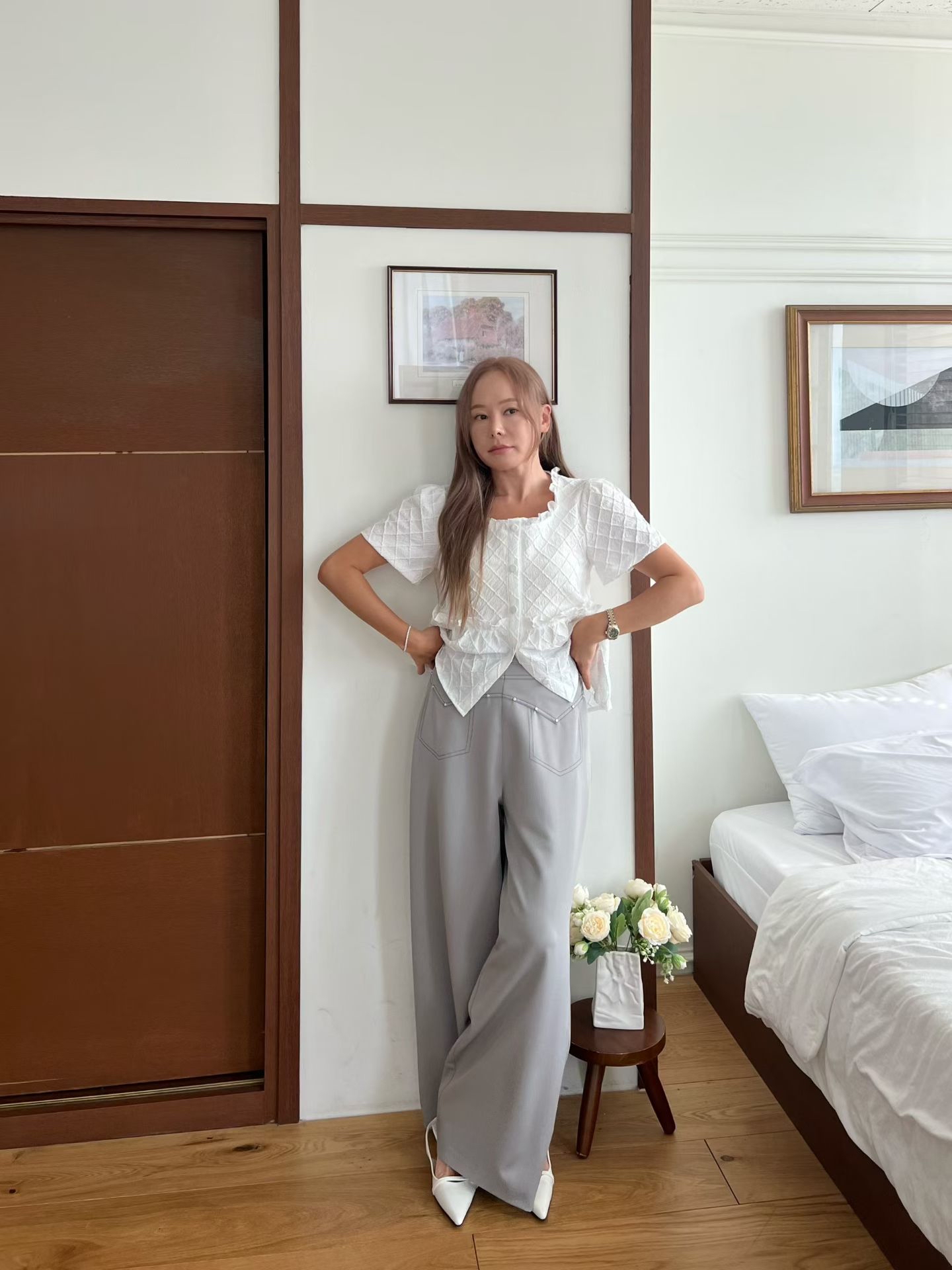 B8 方領荷葉邊菱格修身娃娃衫