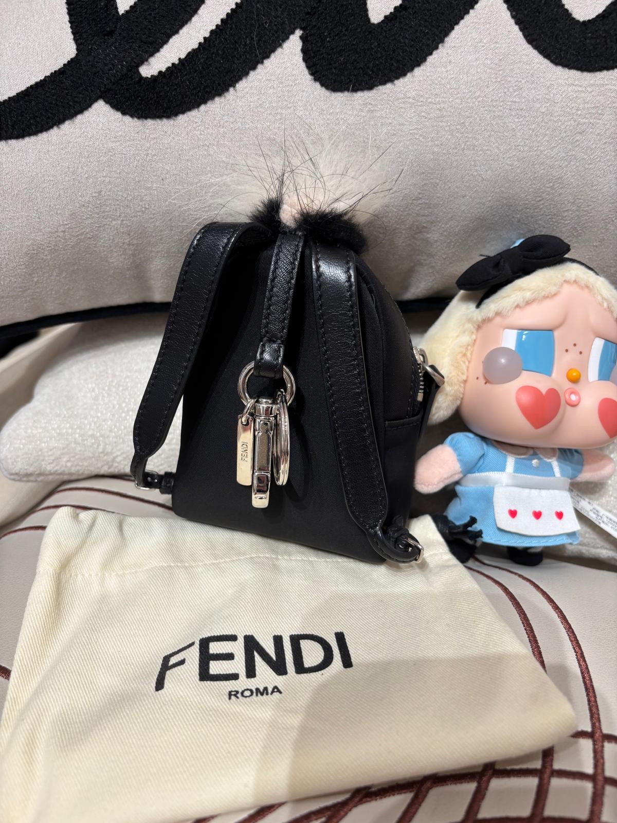 FENDI FUR MONSTER BACKPACK CHARM BLACK NYLON  100%Authentic,98%new✅dust bag  