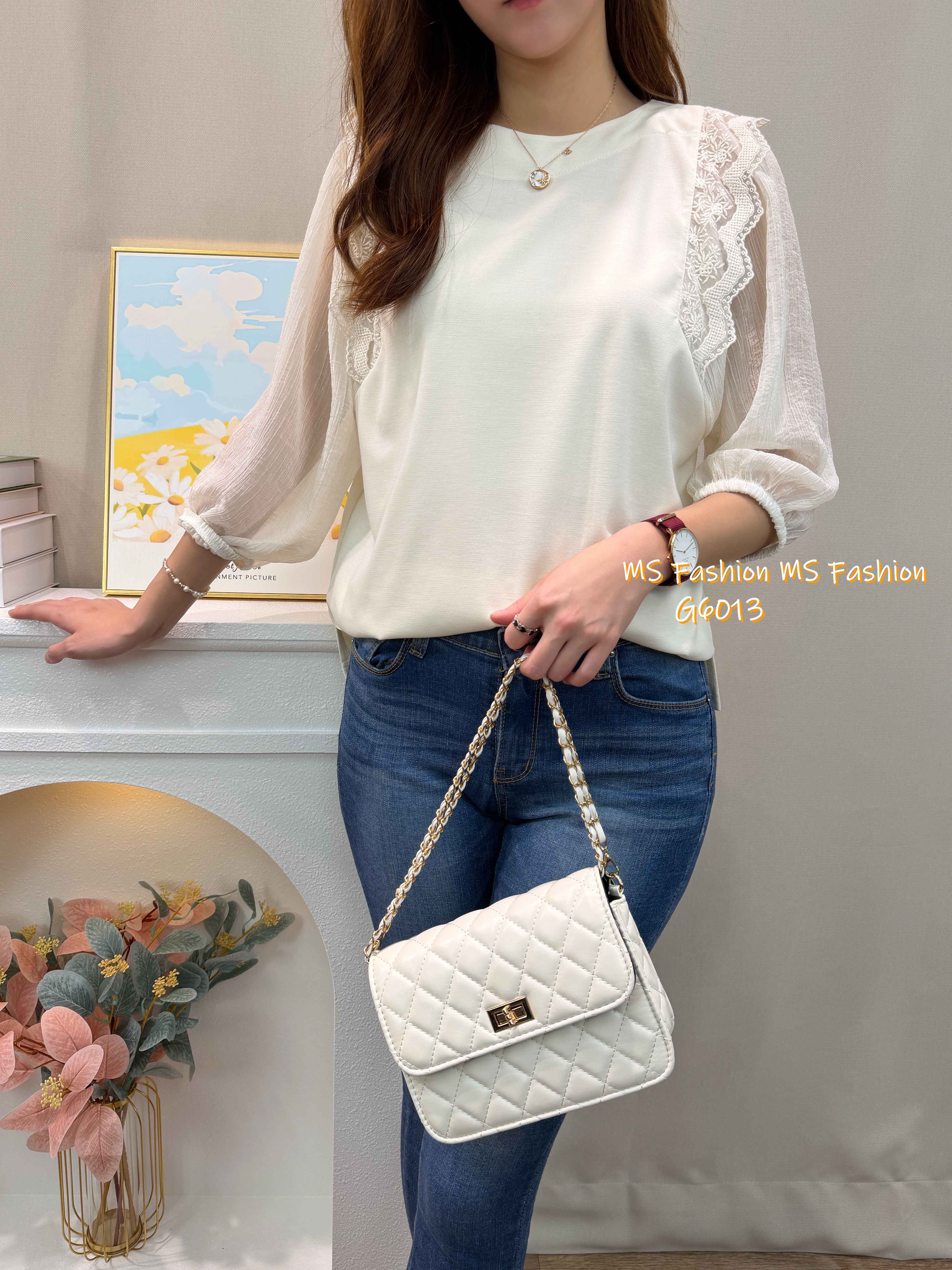 G6031 韓國🇰🇷肩lace拼布top