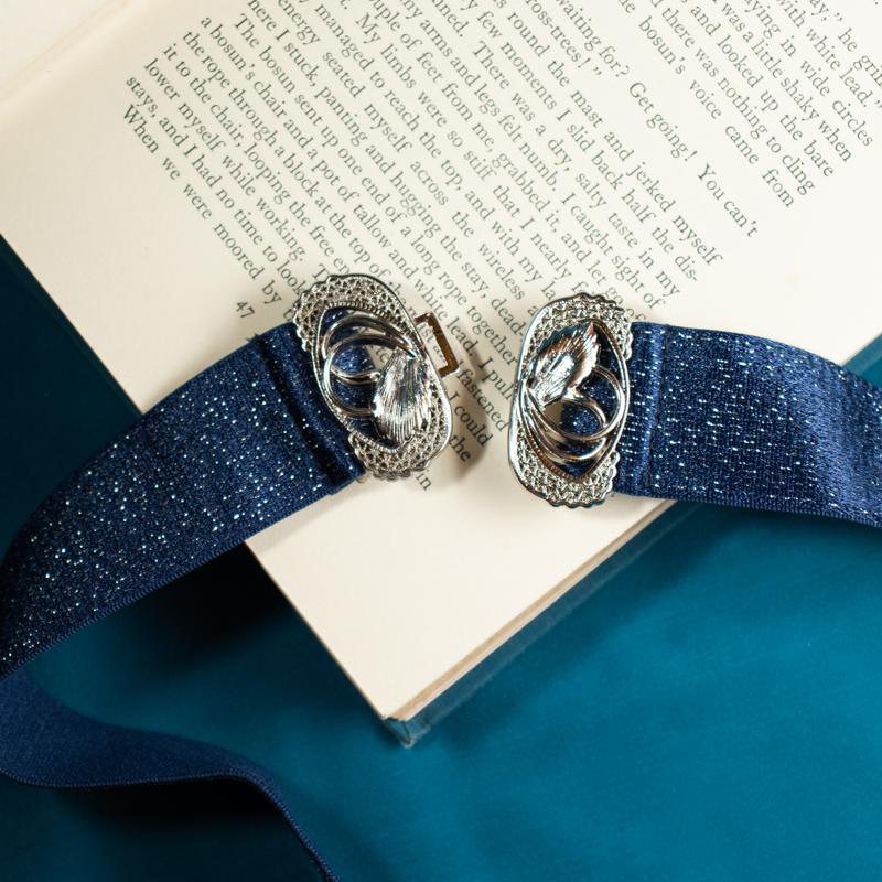 Vintage Japanese Silver Tone Butterfly Belt Buckle with Sparkling Midnight Blue Elastic Belt (E012 x K011)