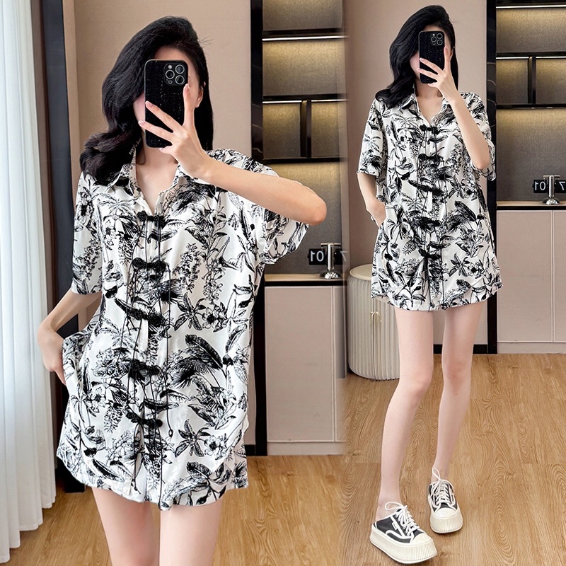 B183(6075) 新中式水墨印花国风前排盘扣开衫上衣与短裤杏套装