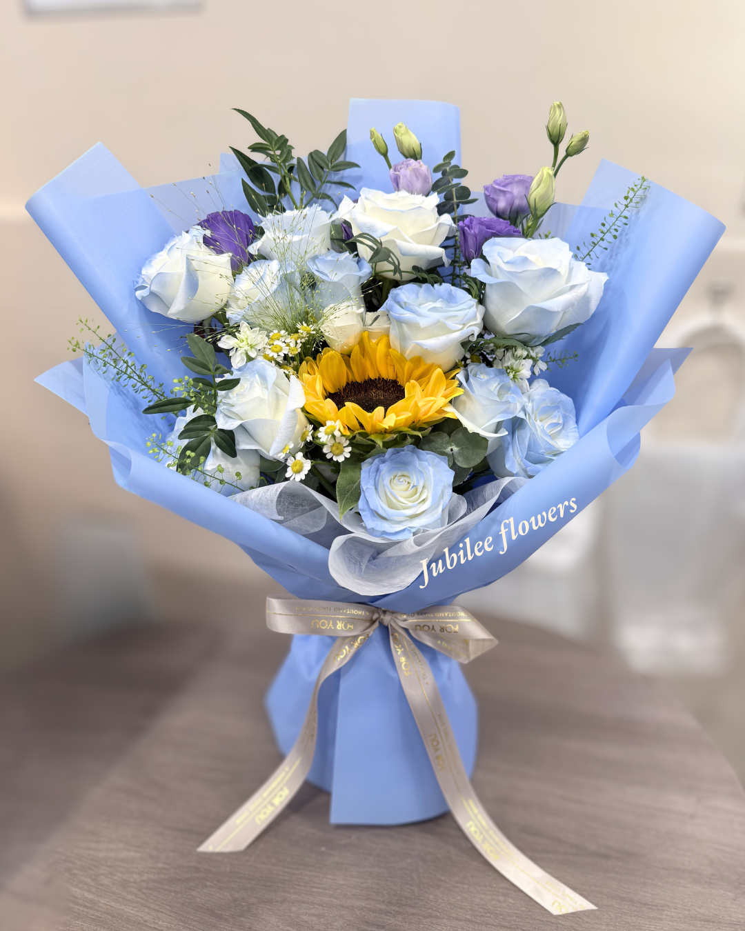 🌻向日葵 碎冰藍玫瑰花束