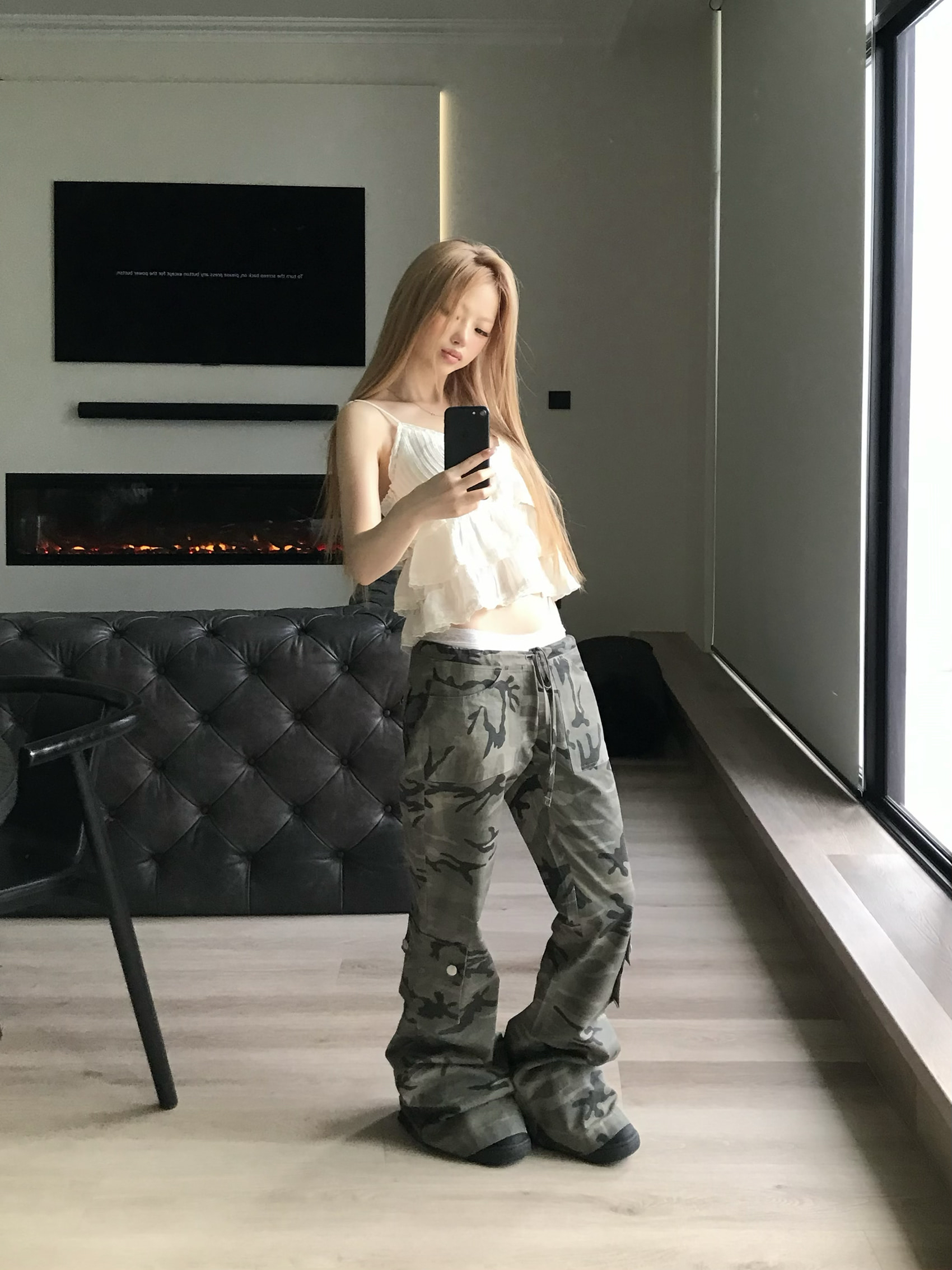Camo Low-Rise Flare Cargo Pants