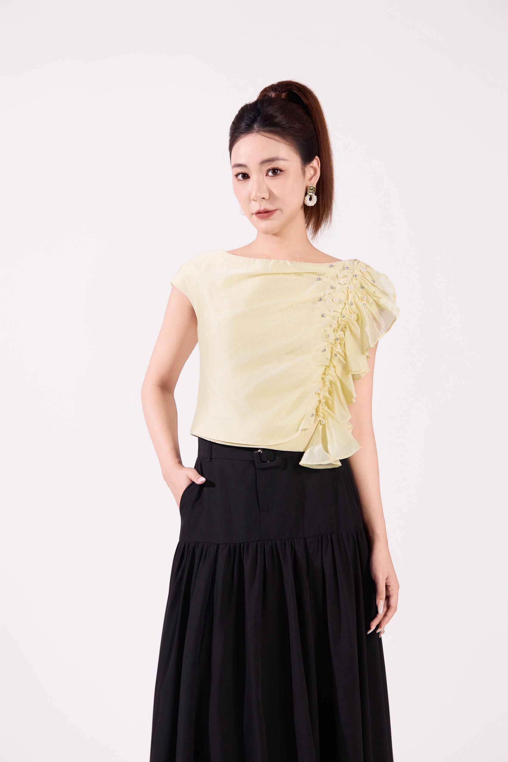 10141364 Pearl Ruffle Draped Blouse
