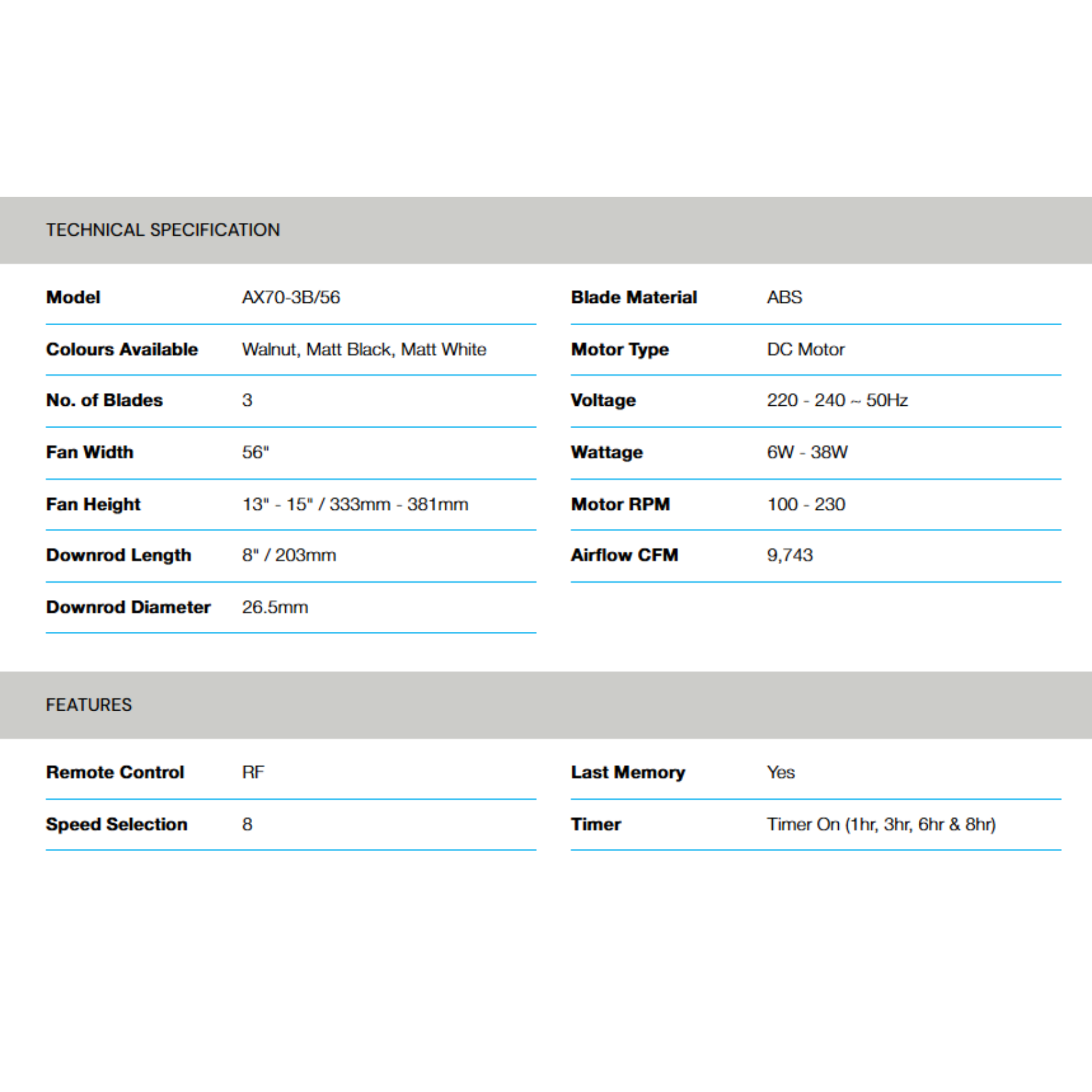 Alpha 56" AX70 DC Motor ABS Ceiling Fan (AX70-3B)