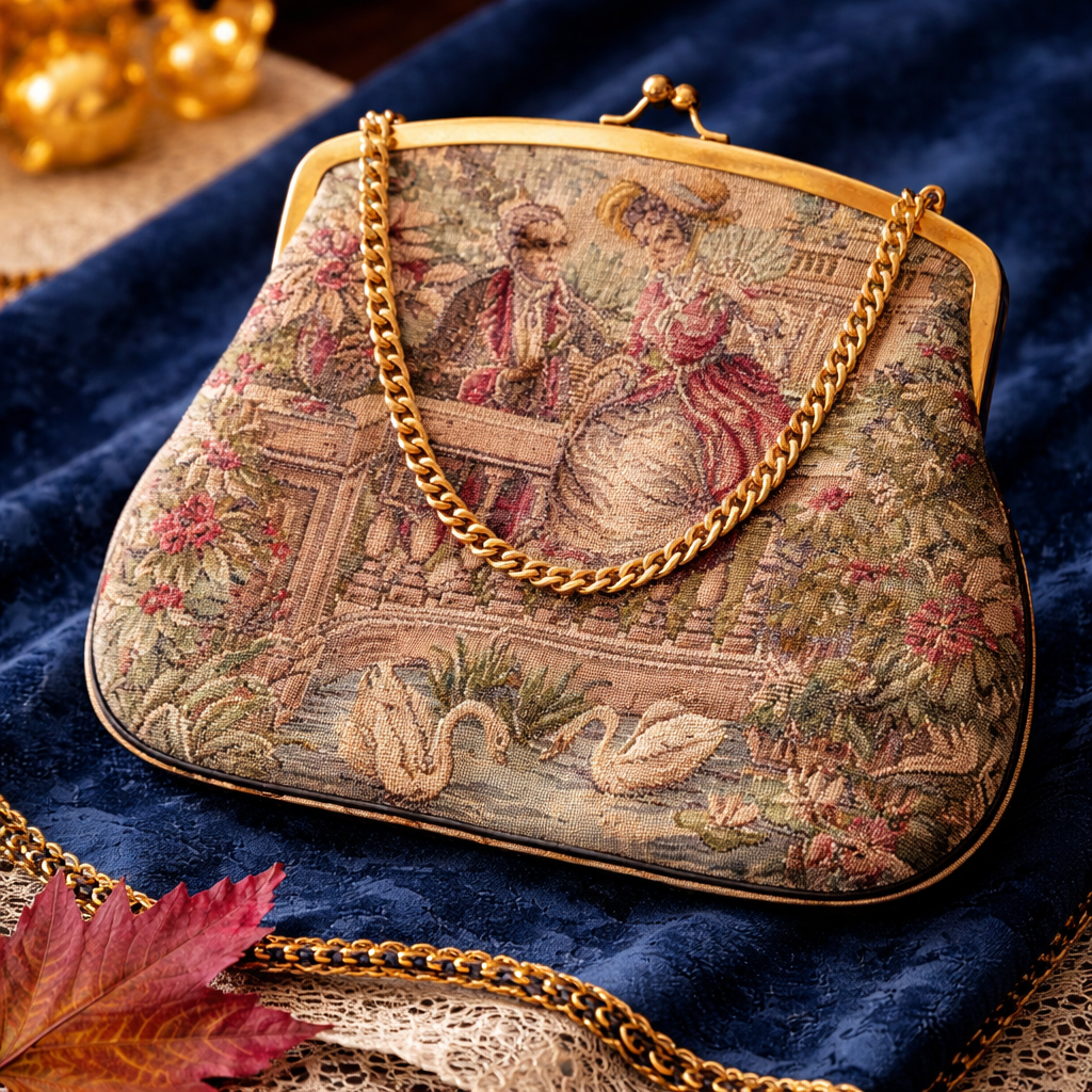 Vintage C.a. 1960s La Marquise Italian TapestryCourting Couple Pattern Double-Sided Handbag (MT2121)