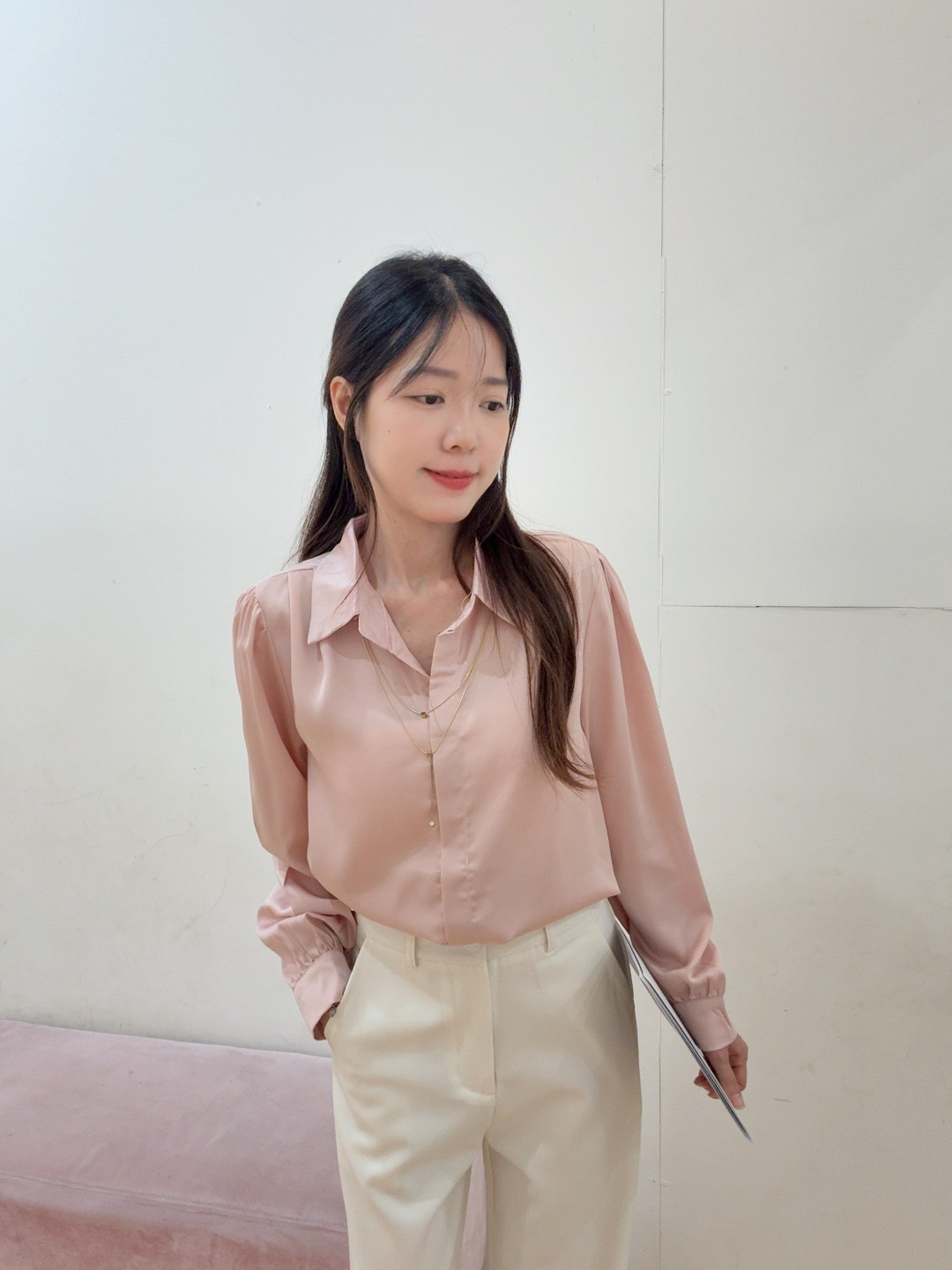 高级感V领带链缎面长袖衬衫 R2657