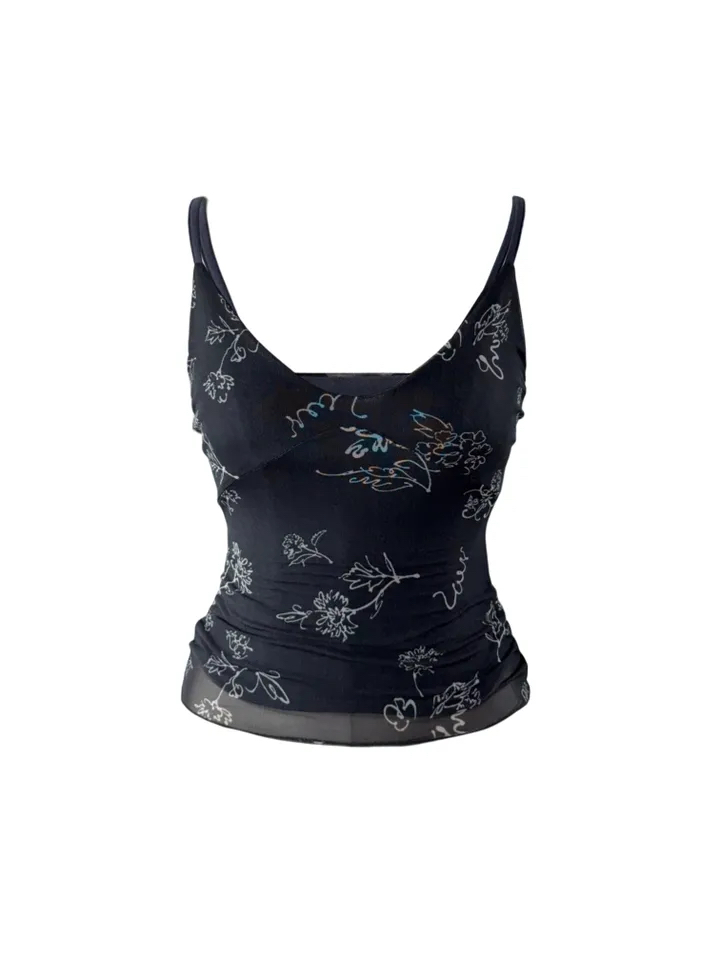 Abstract Floral Print Mesh Cami Top