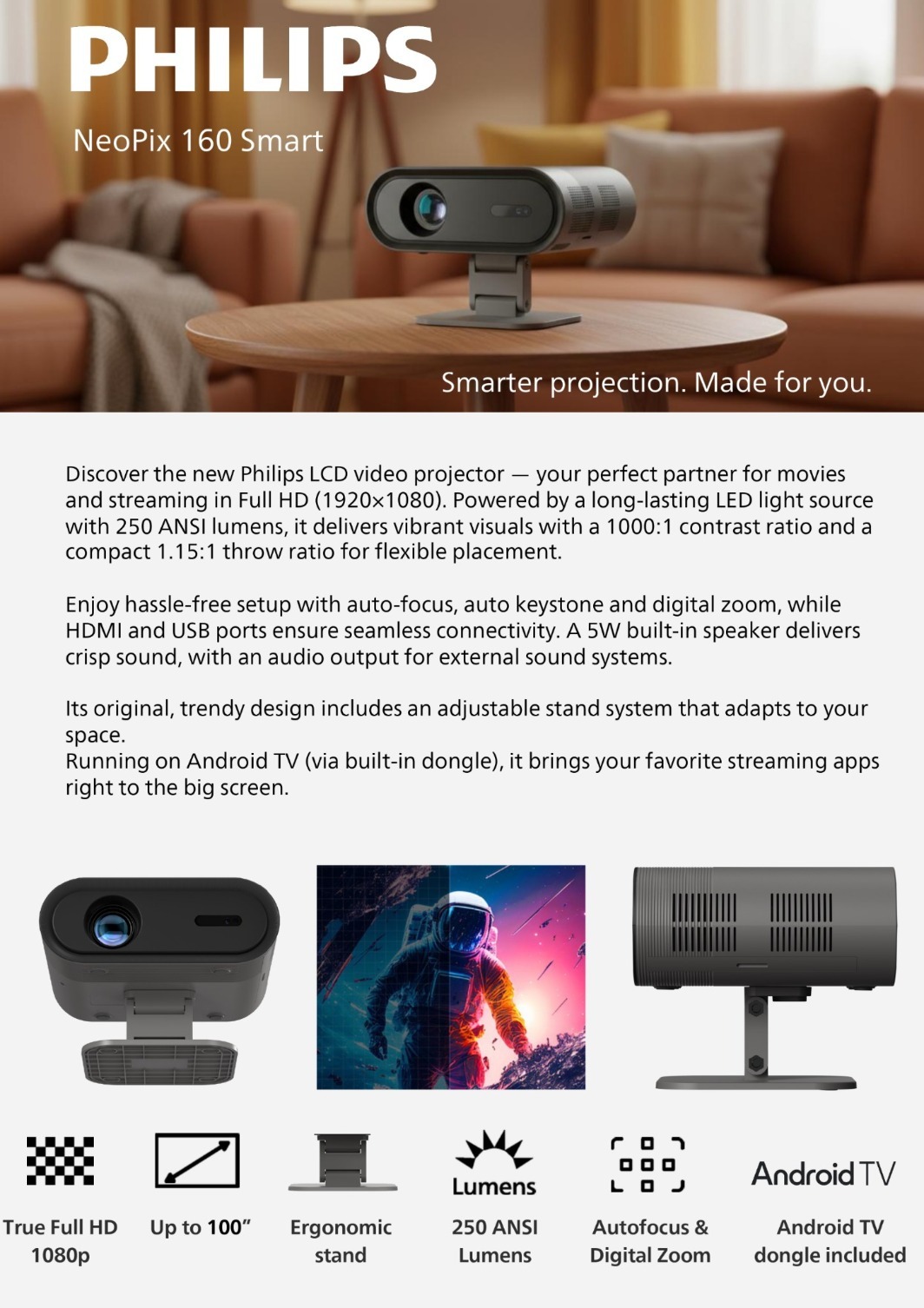 Philips NeoPix 160 Smart Projector | 飛利浦 NeoPix 160 Smart 家用投影機 | 投影機 | 1080p | Google TV