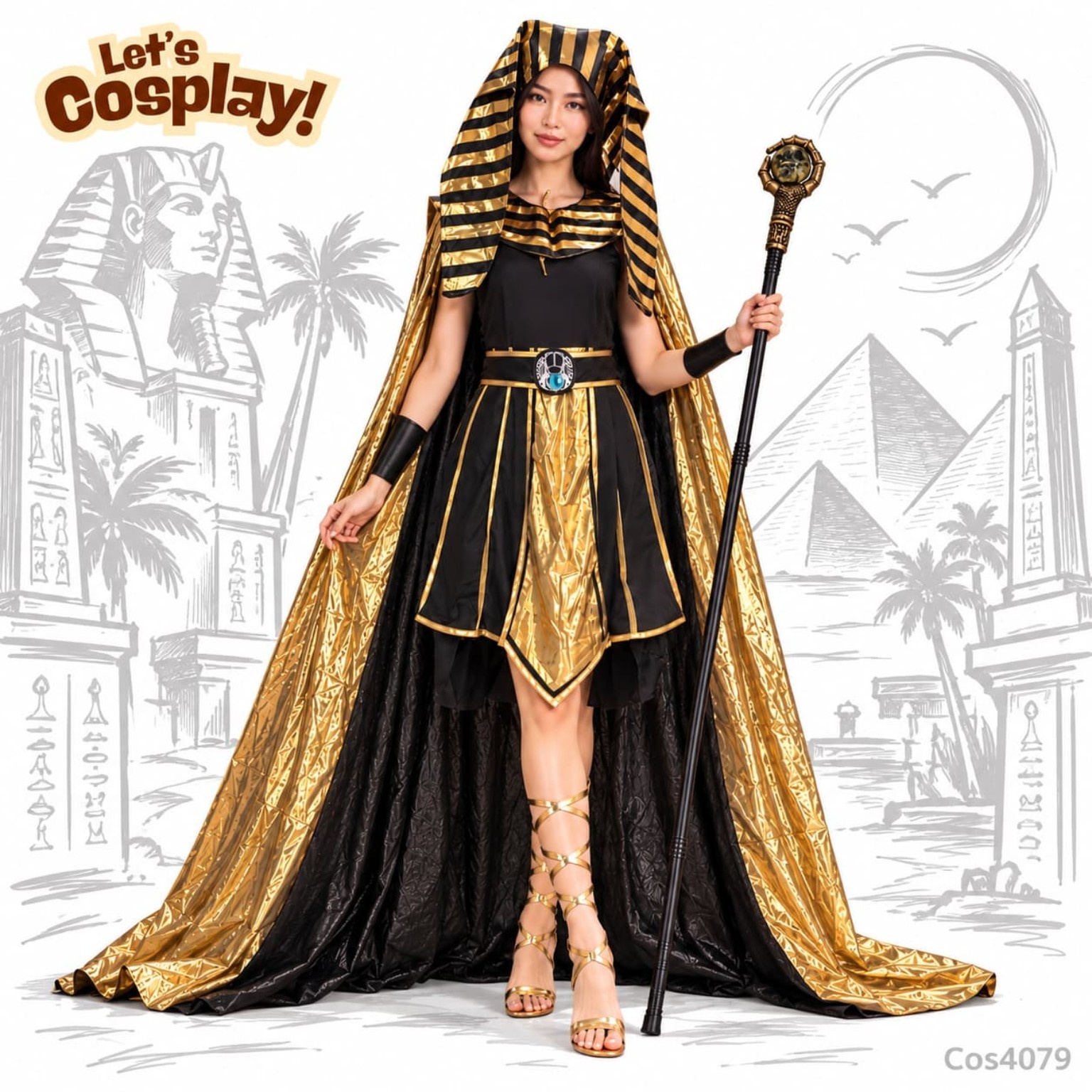 埃及妖后 Cleopatra 成人女裝黑金披風角色扮演服｜萬聖節 Halloween｜香港現貨｜Lets Cosplay COS4079