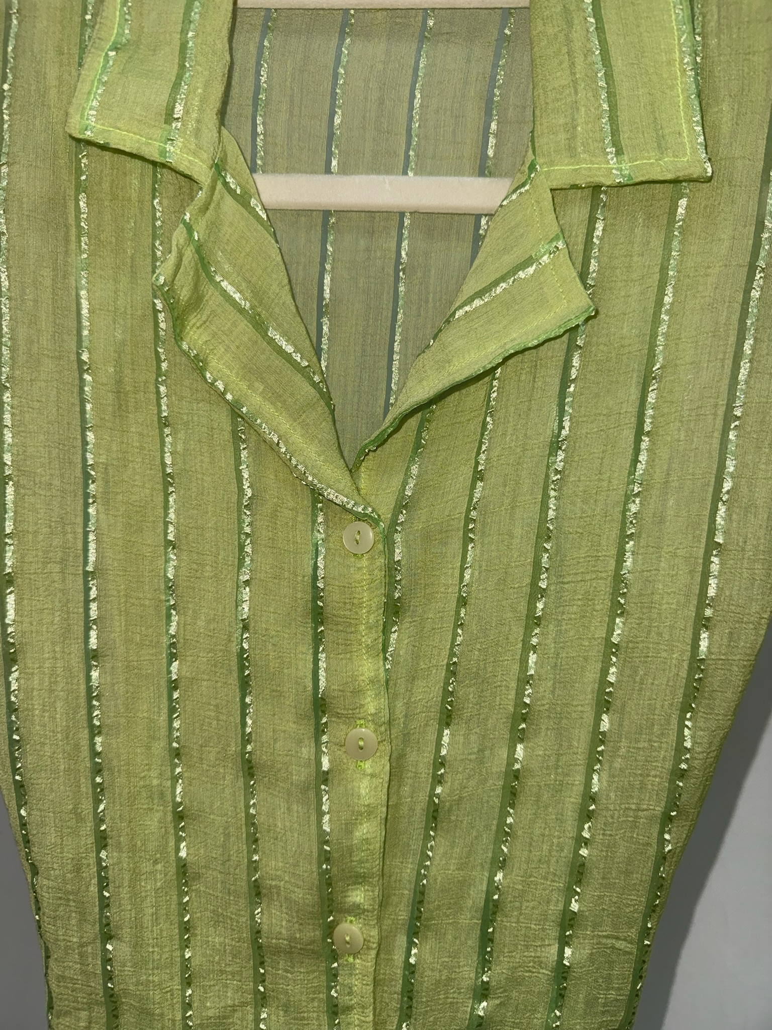 Pistachio Green Cap Sleeve Tie-Back Shirt with Glitter Stripes