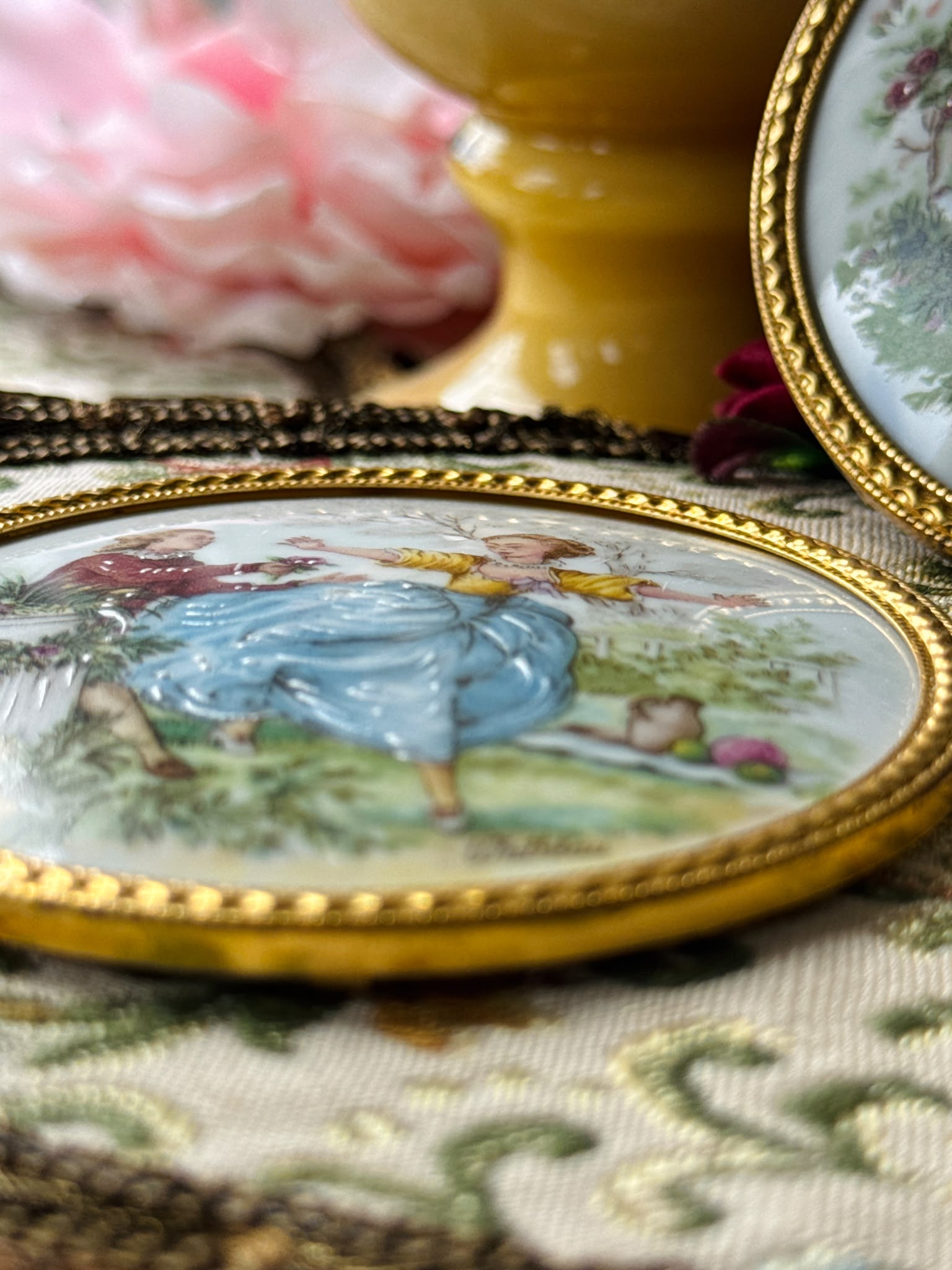 Vintage French Limoges Porcelain Decorative Plaques Rococo courting scenes Gilt metal frames - Set of 3 (MT2632)