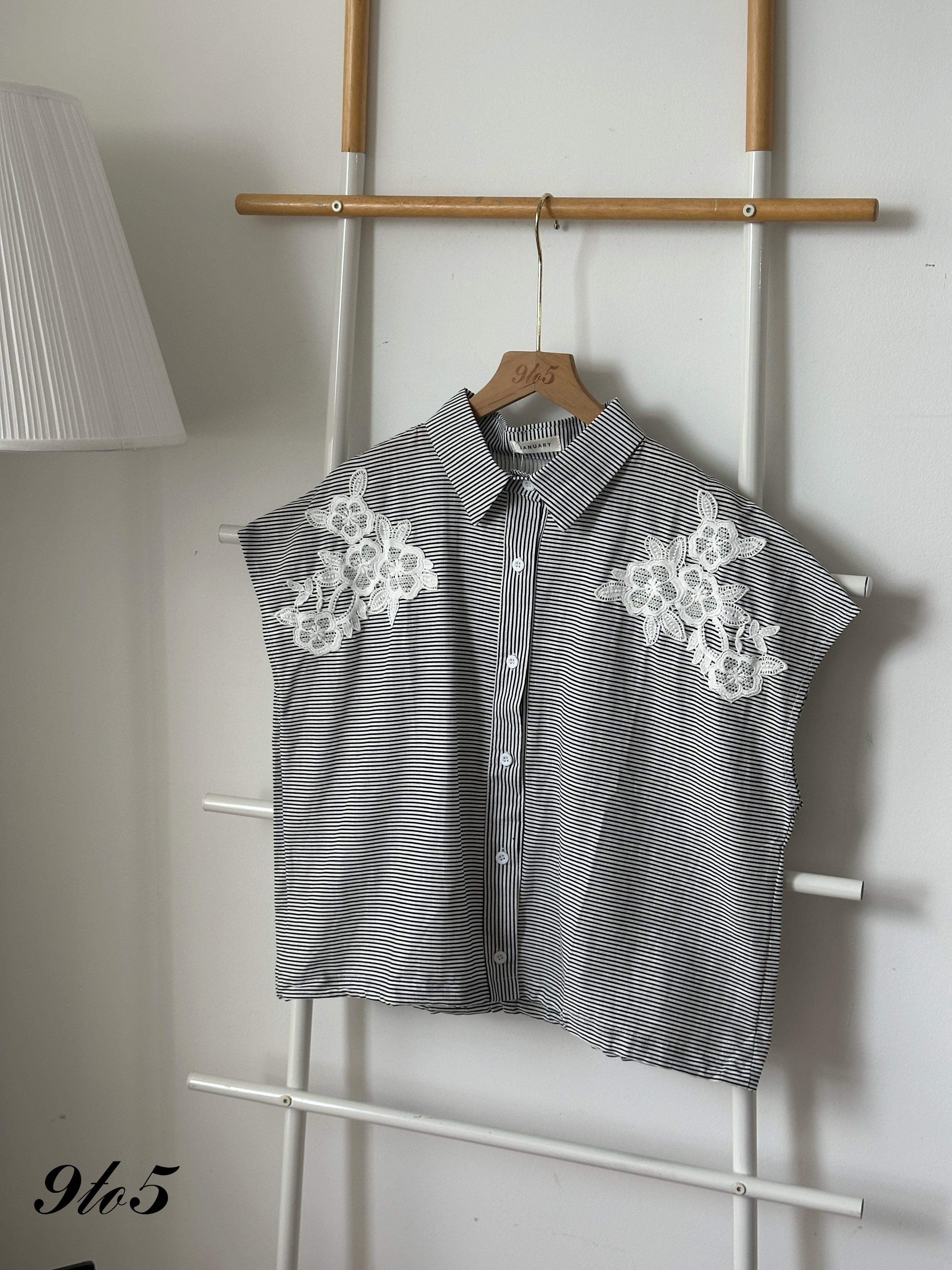 T4259 Cape Sleeve Embroidery Floral Shirt - Black & Stripe