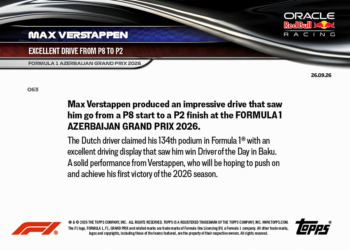 Max Verstappen - 2026 F1 Topps NOW® #63 Azerbaijan GP P8 至 P2 紀念卡【團購】