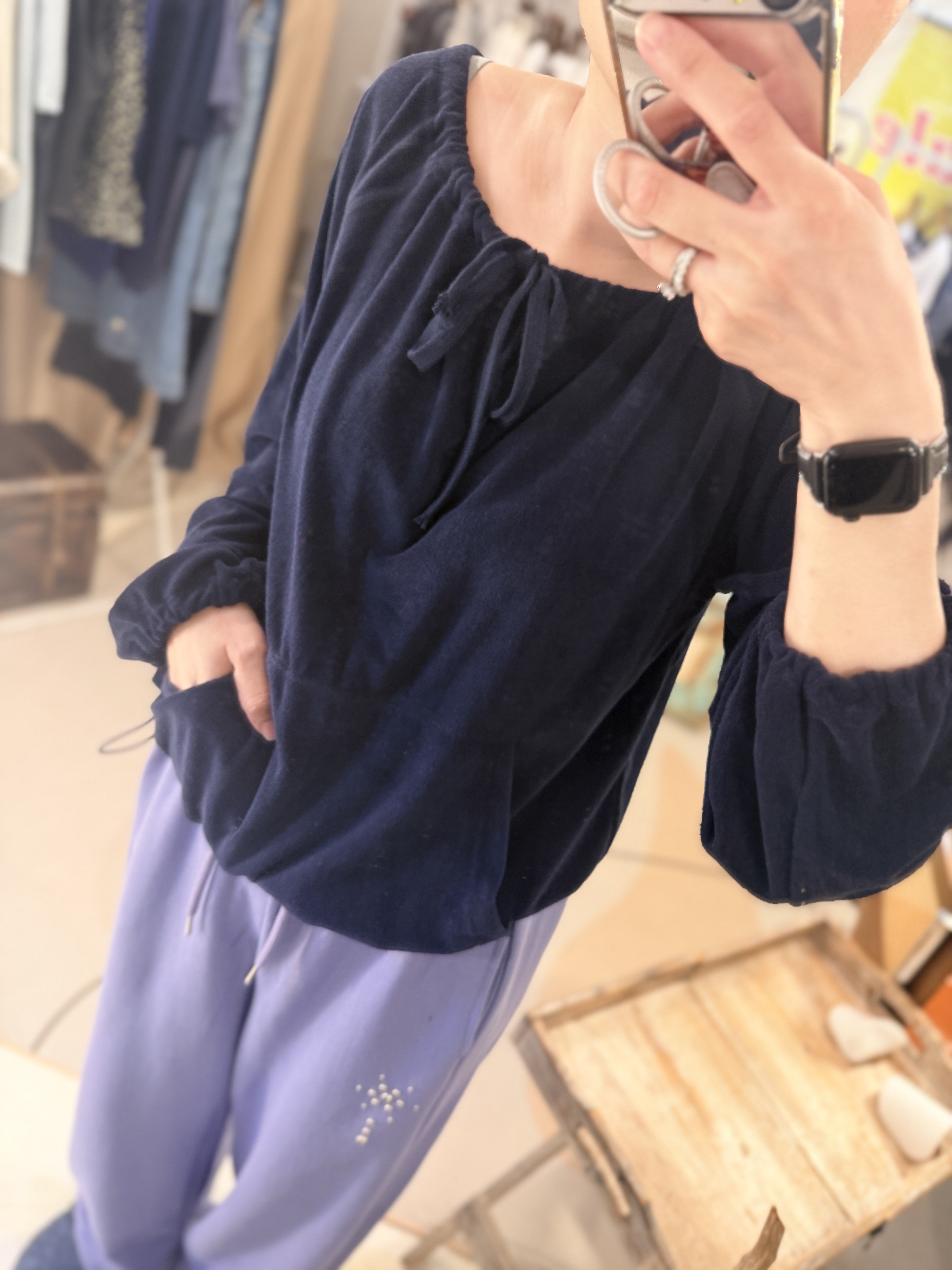 Navy towel off shoulder sweater
