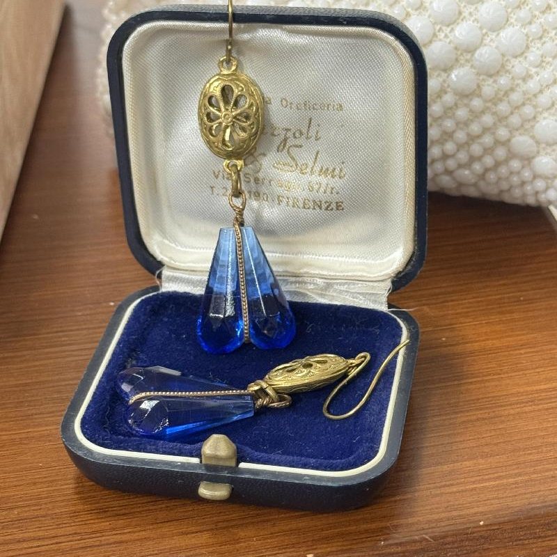 Vintage Recomposed Design with Antique Czechoslovakian Blue Double Glass - Hook Earrings(B053)