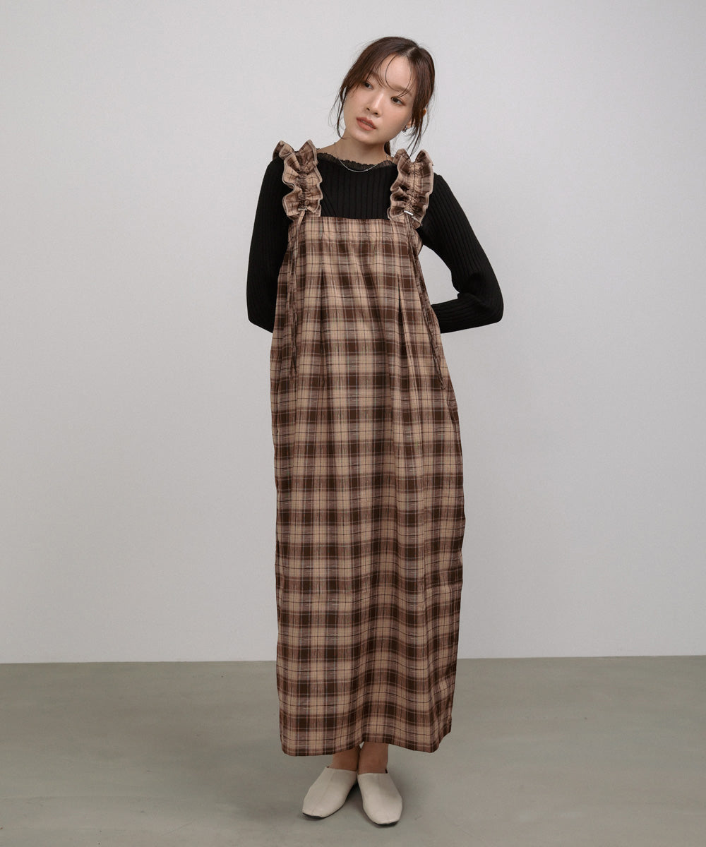 <限量現貨> 木耳邊粗肩束帶格紋OPS - brown 