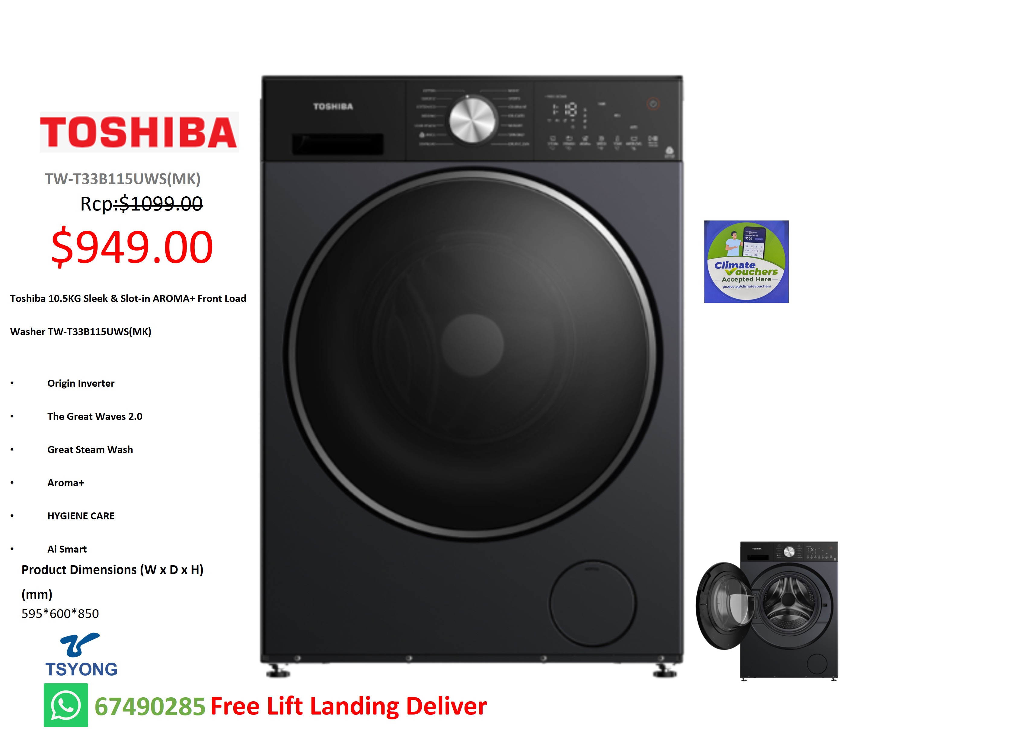 Toshiba 10.5KG Sleek & Slot-in AROMA+ Front Load Washer TW-T33B115UWS(MK)