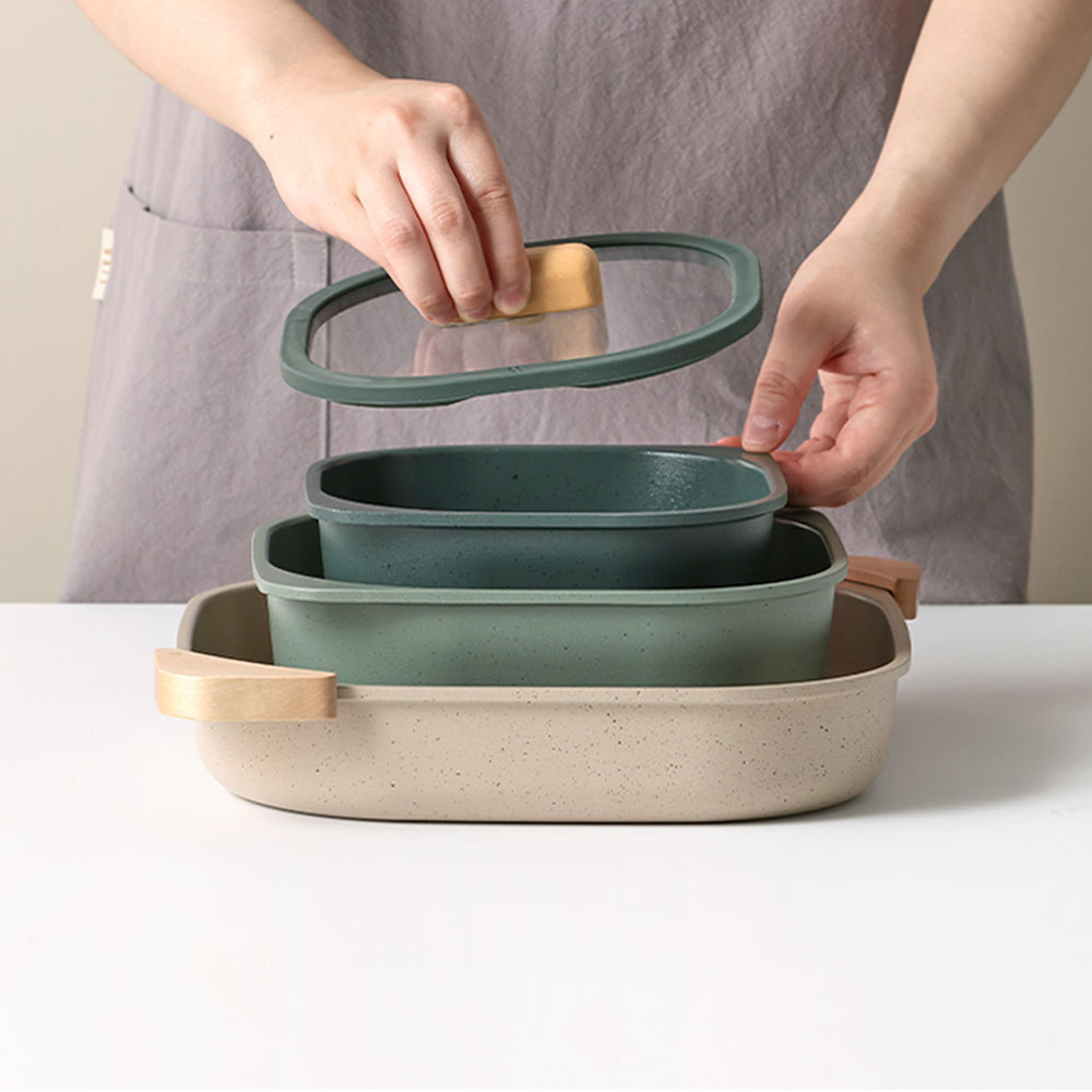 Neoflam - FIKA Objet Comfort 16cm湯鍋 / 20cm燉鍋 / 25cm煎鍋 + 木手柄2件 (植物綠色)