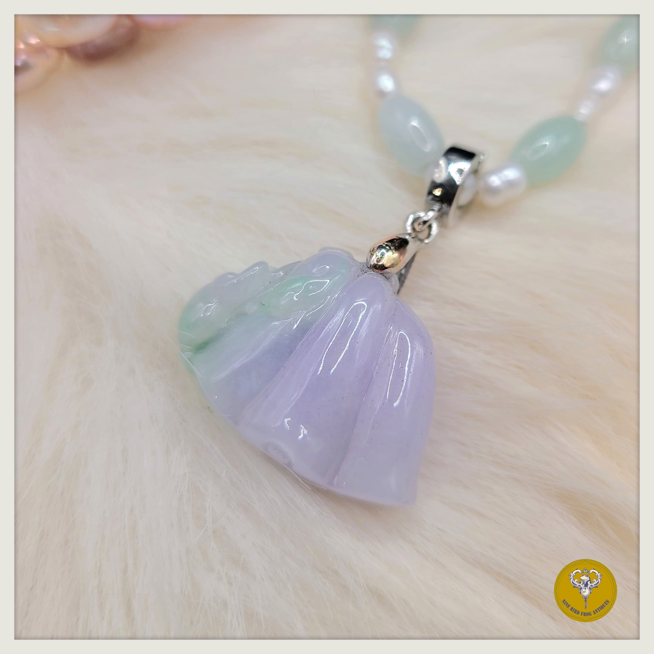 糯冰種紫羅蘭果綠青蛙蓮蓬翡翠配翡翠珍珠頸鍊