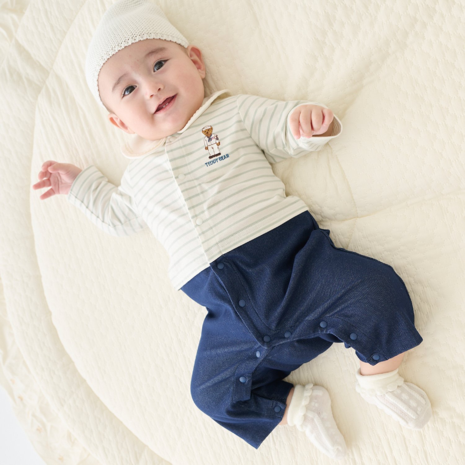 🇯🇵預訂 日本直送🇯🇵Petit Main x TeddyBear 兩色小熊刺繡水手領假兩件條紋長袖連身服