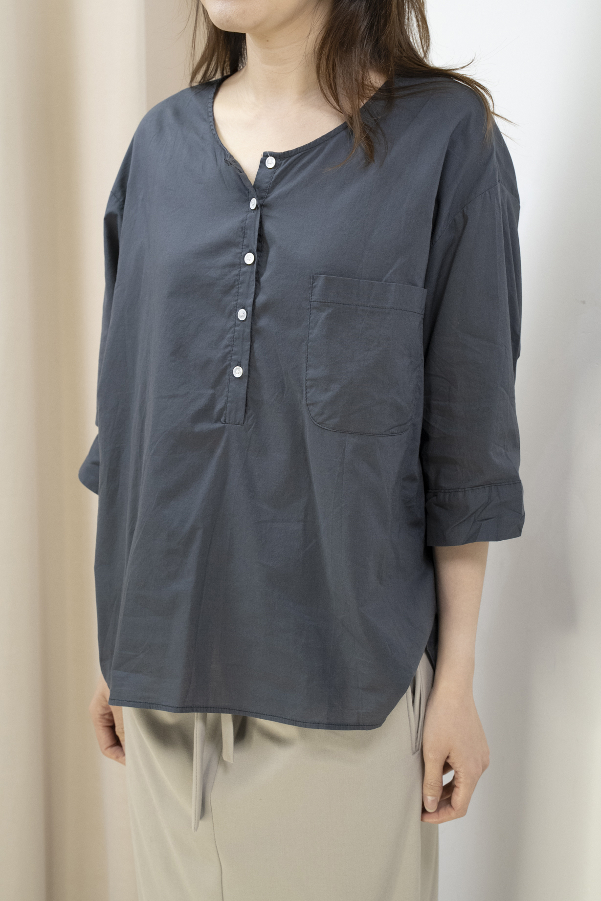 輕薄棉質恤衫襯衣(灰藍色）