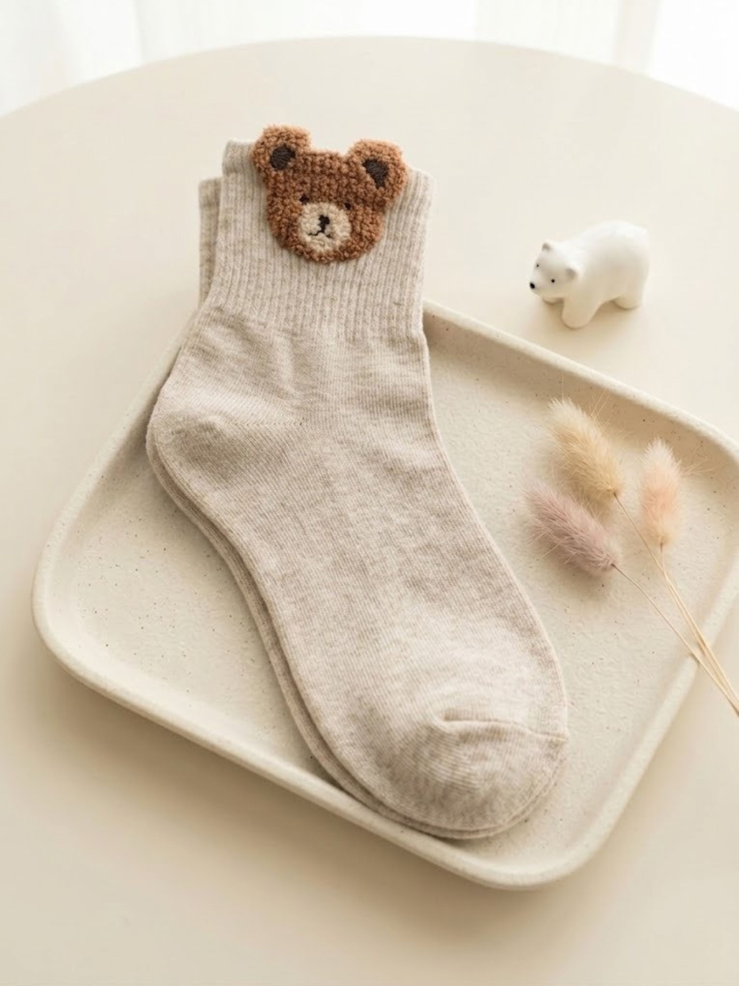 Korean Brown Bear Head Ear Calf Women Mid Crew Socks