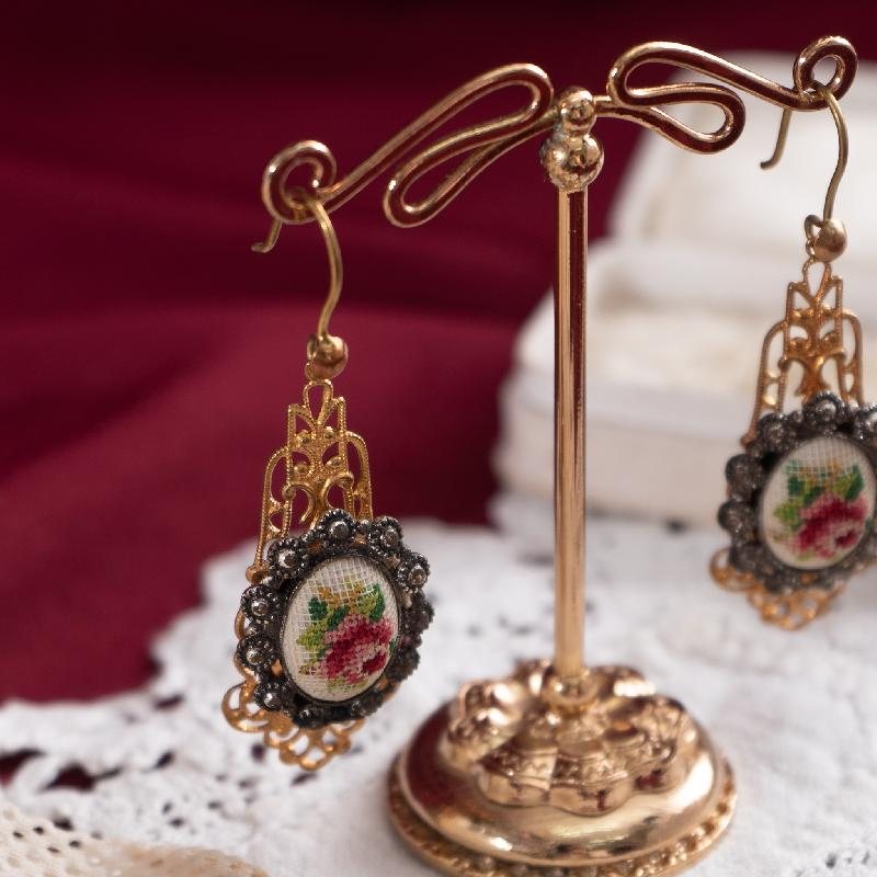 Vintage Rose Petit Needlepoint Hook Earrings - Recomposed New Old Stock (NZ006-1)