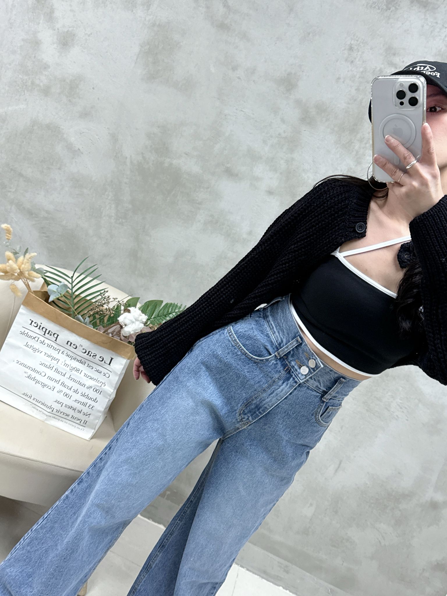 雙鈕高腰牛仔褲