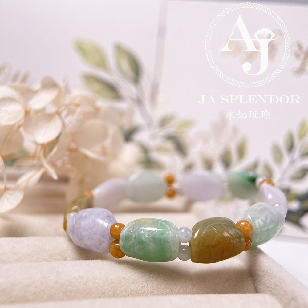OF-06-I 天然翡翠A玉 - 冰潤三彩長壽吉祥龜貝手串(特價處理不設退換)