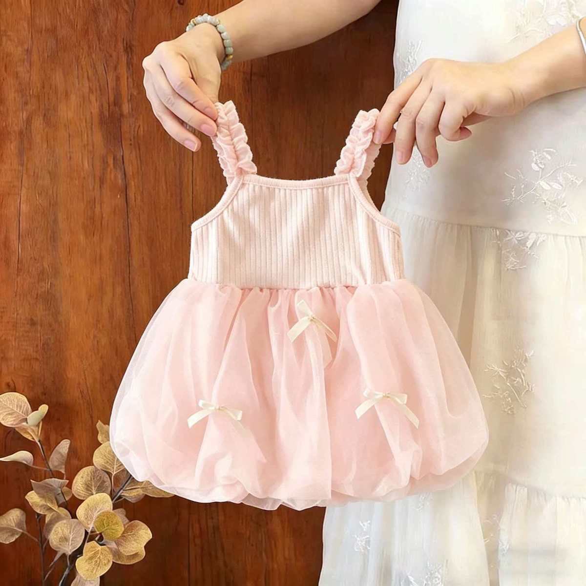 67122401 | Pink Ribbed Knit Tulle Bubble Dress with Bows