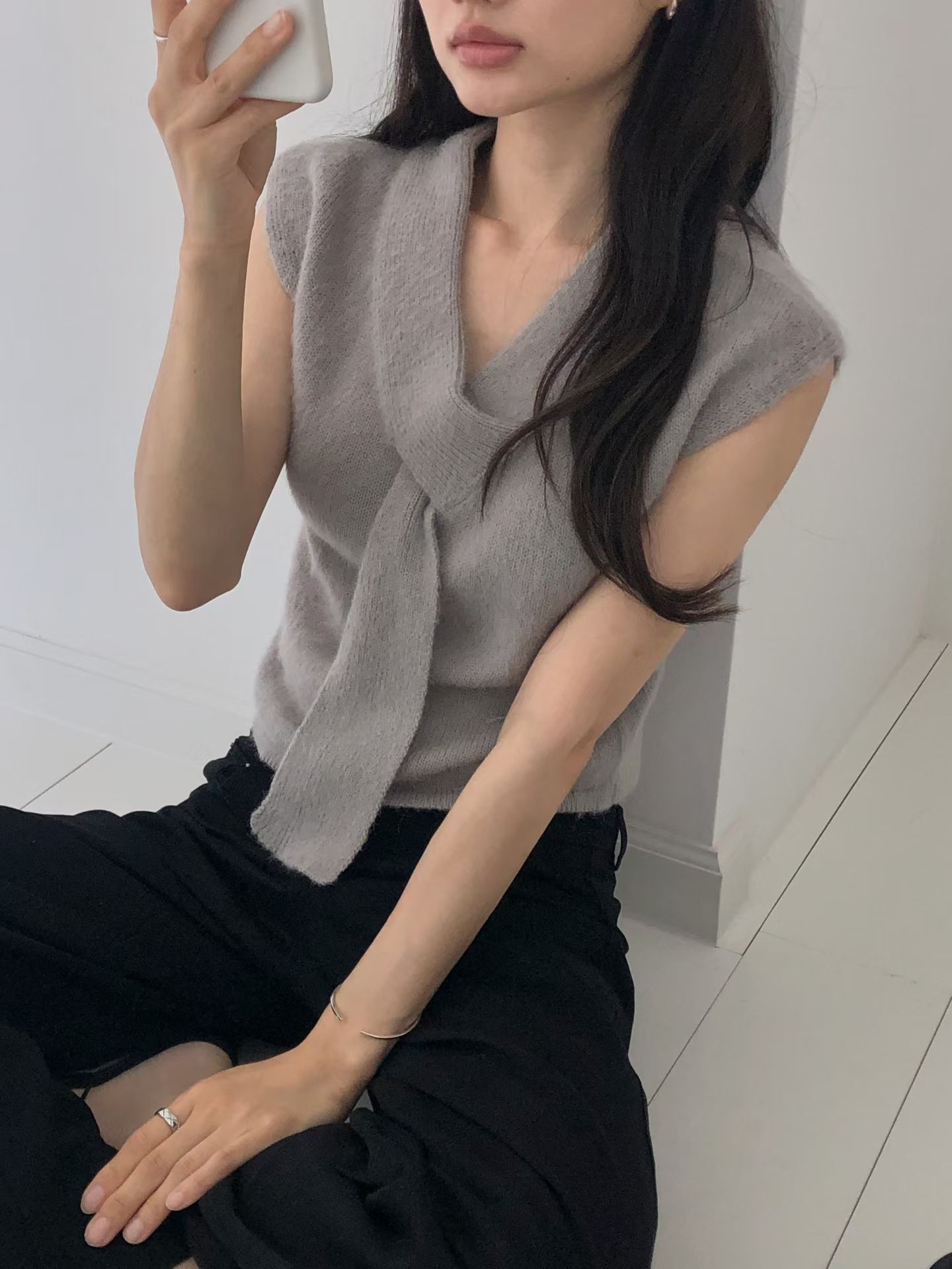 Elegant tie alpaca wool knit top