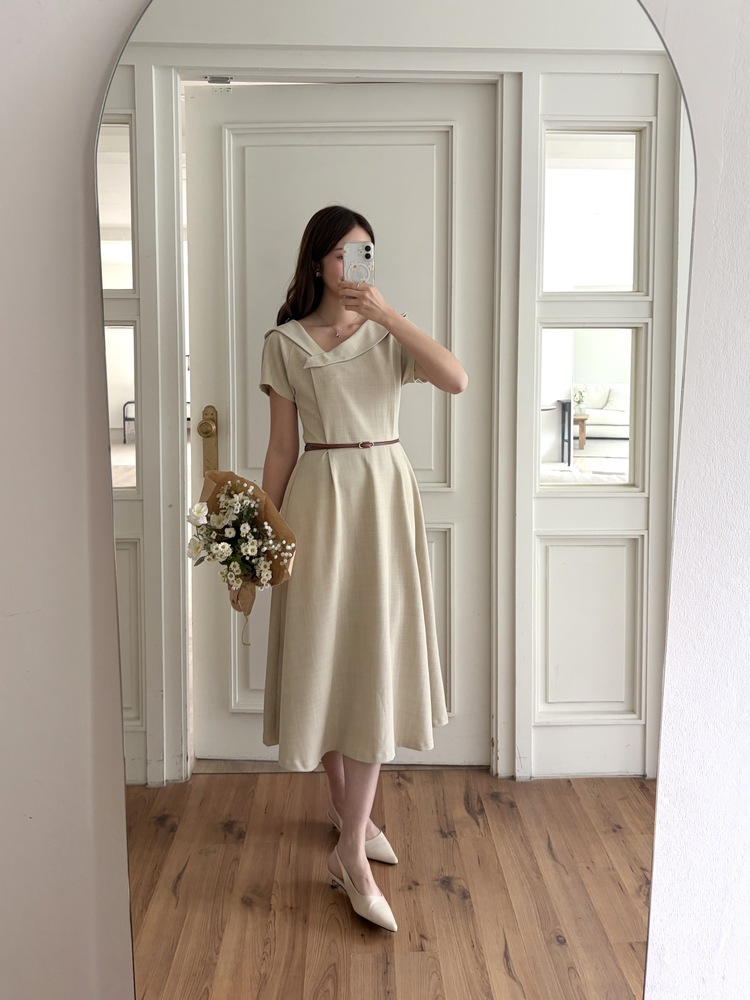 Sailor Collar Belted Dress (Beige)